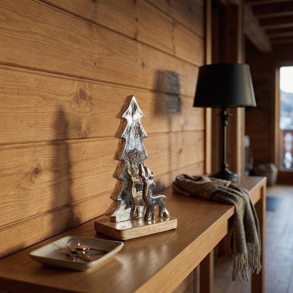 Antikas Wanddekoobjekt Hirsch und Tannenbaum Aluminium auf Holzsockel,silbern,Dekofigur, H.24