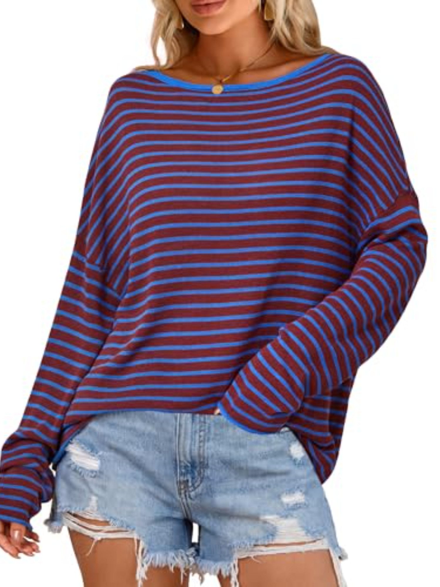 Arach&Cloz Langarmshirt Damen Oversize Shirt, Gestreiftes Off-Shoulder Top für Sommer und Urlaub