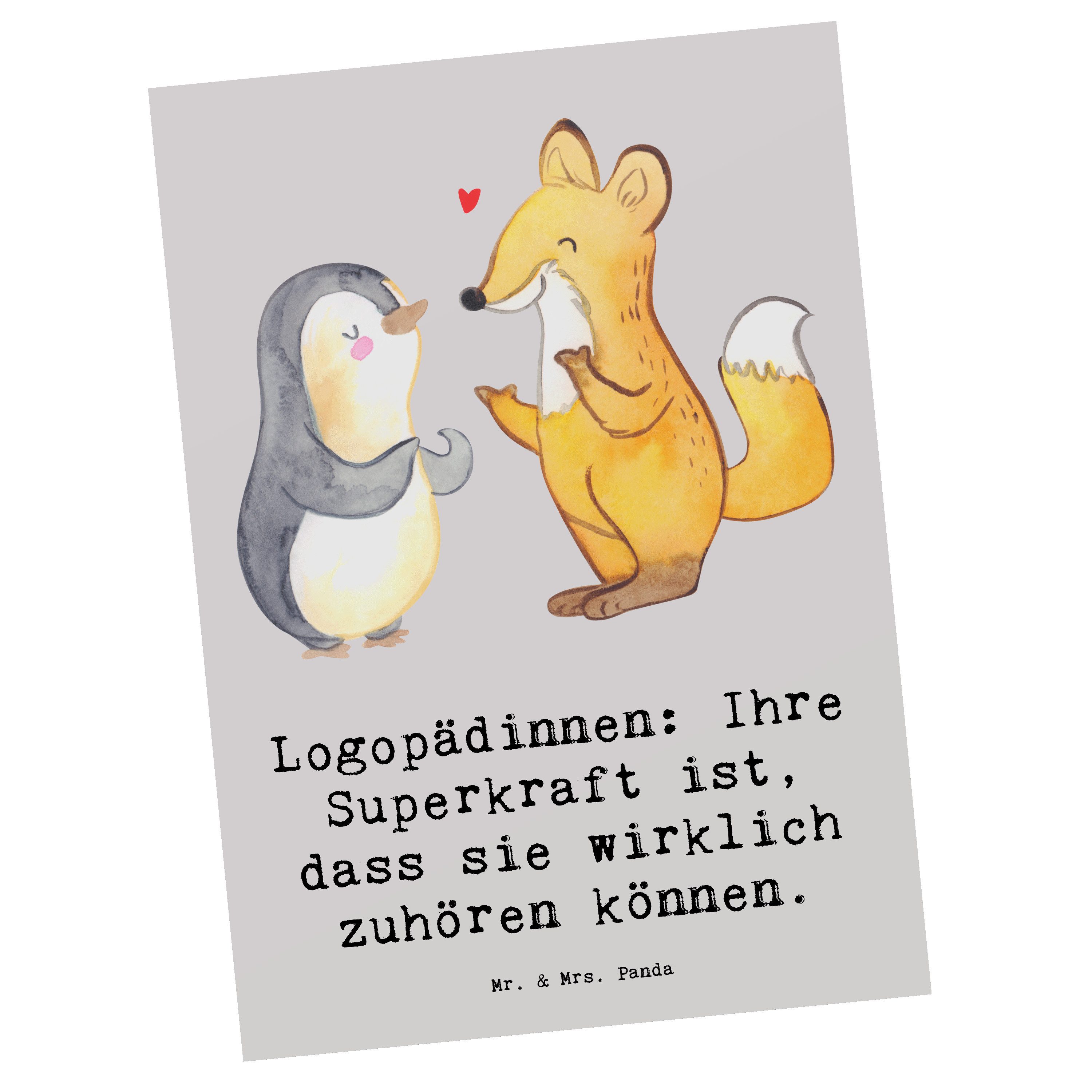 Mr. & Mrs. Panda Postkarte Logopädin Superkraft, Postkarte, Grau Pastell, Postkarte, Ansichtskar, Grußkarte Einfühlungsvermögen Berufsliebe