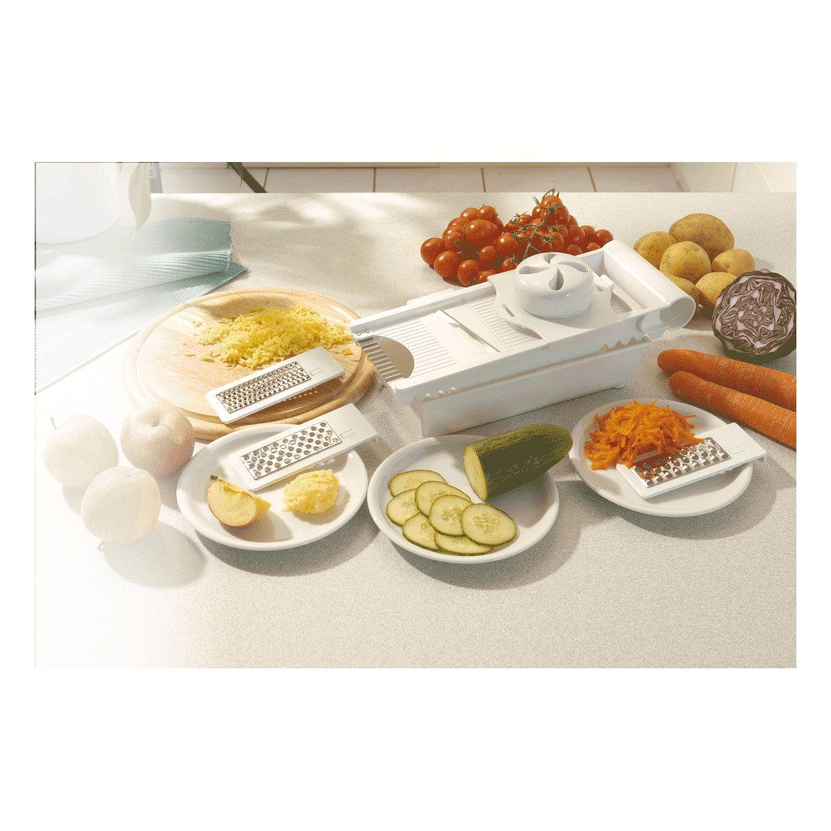 EUROHOME Multireibe Multifunktionaler Gemüsehobel - Reibe mit Auffangbehälter, Edelstahl, (1-St., 7- teiliges Küchenreibe Set 22 cm), Salatschneider Karottenreibe Küchenhobel