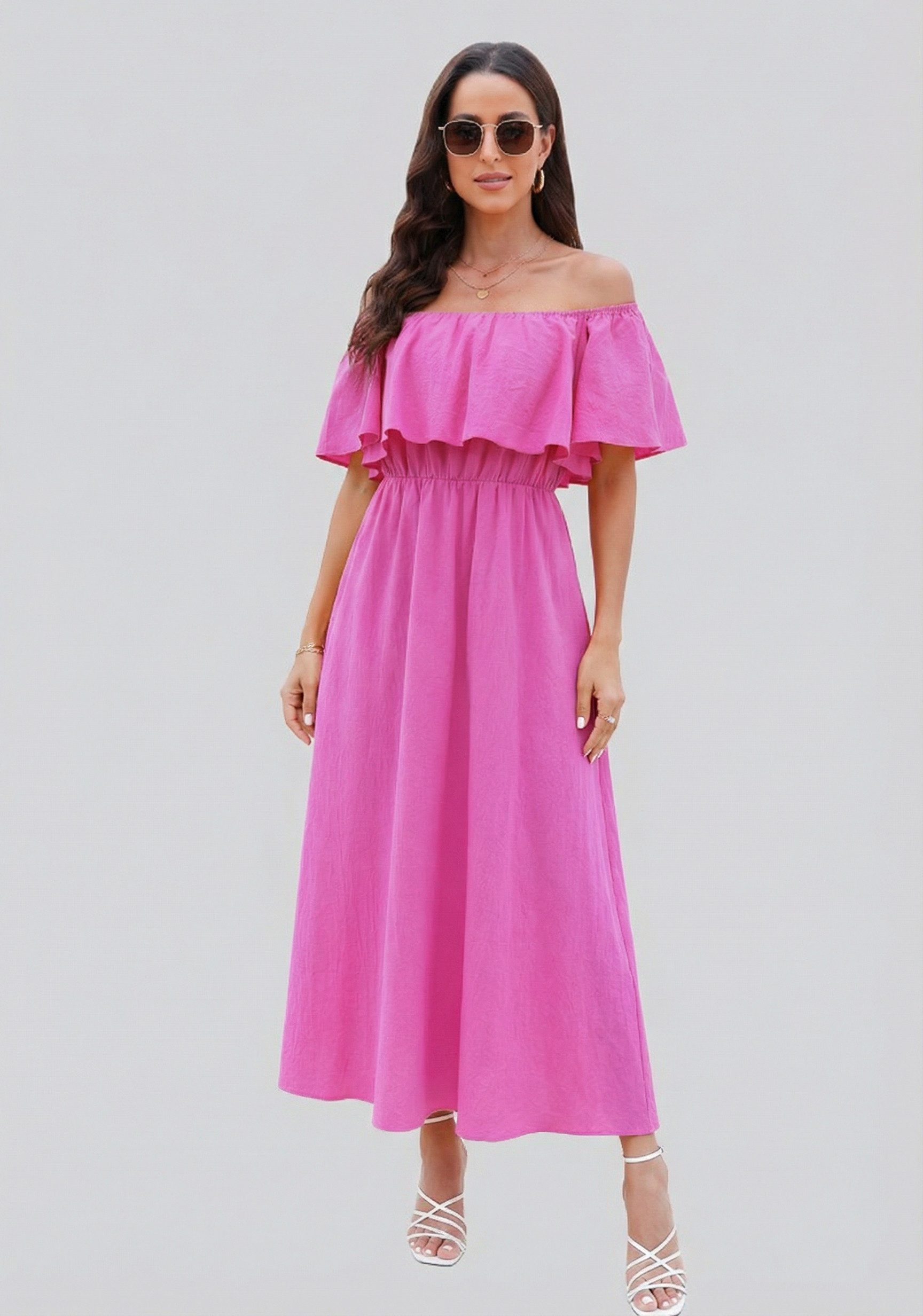 Cupshe Maxikleid Schulterfreier Volant mit Rüschen in Unifarbe