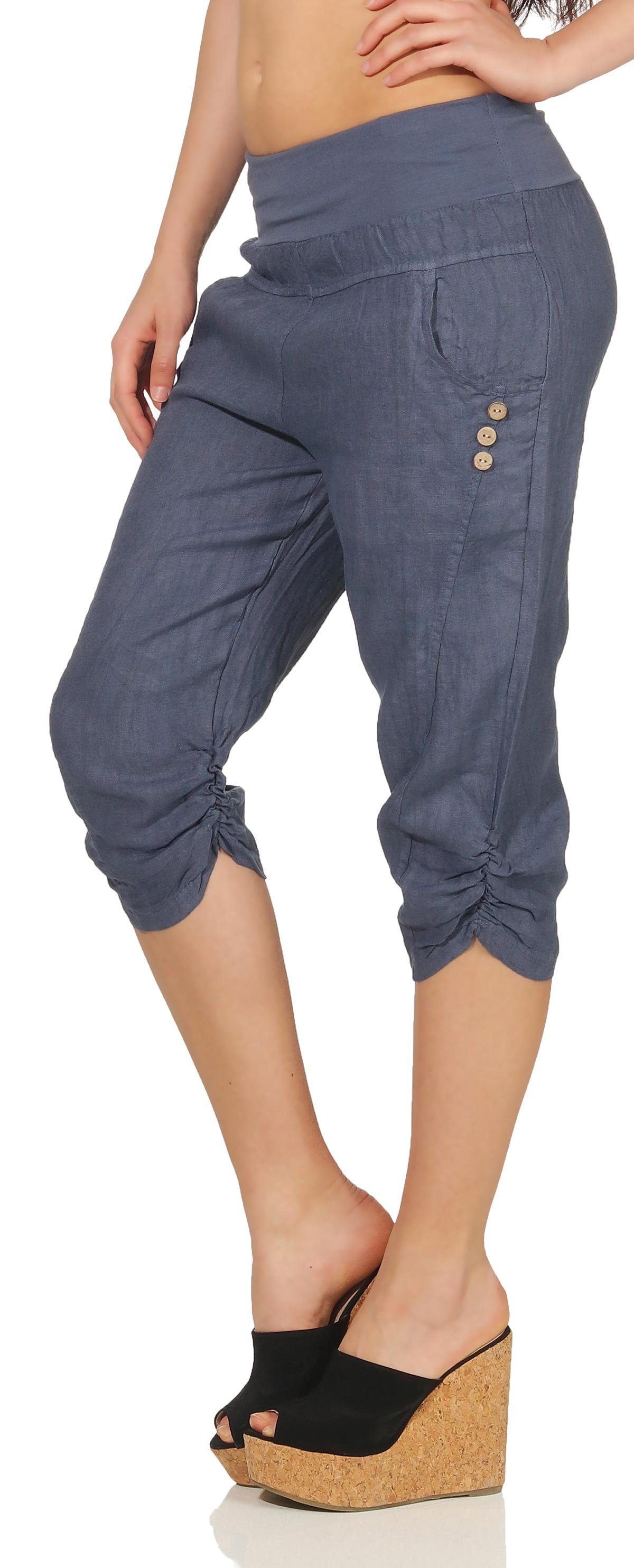 malito more Bund fashion 7988 Caprihose than Capri jeansblau mit Hose elastischem Leinen