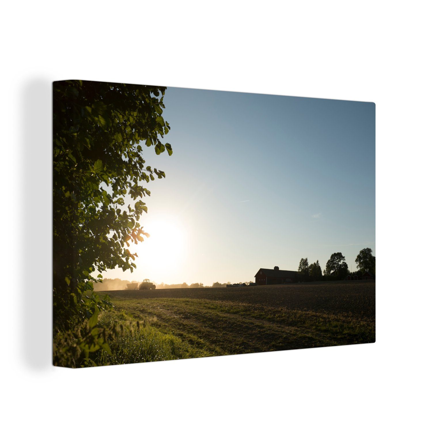 OneMillionCanvasses® Leinwandbild Traktor - Bauernhof - Sonne, (1 St), Wandbild Leinwandbilder, Aufhängefertig, Wanddeko, 30x20 cm