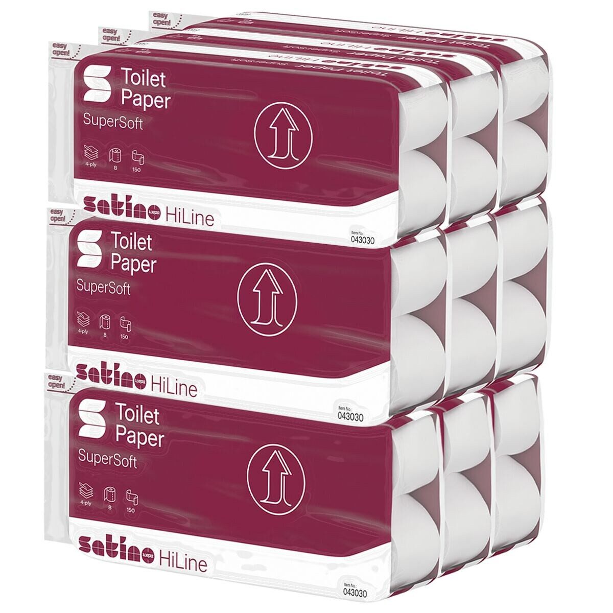 Satino Toilettenpapier HiLine (72-St), 4-lagig, 9x 8 Rollen, 150 Blatt/Rolle, mit Prägung
