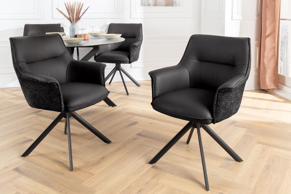 riess-ambiente Drehstuhl LE GRAND schwarz – Echtleder, Strukturstoff, 180° drehbar, m. Armlehne (Einzelartikel, 1 St), mit Metallgestell & Auto-Return-Funktion – ideal für Deinen Esstisch