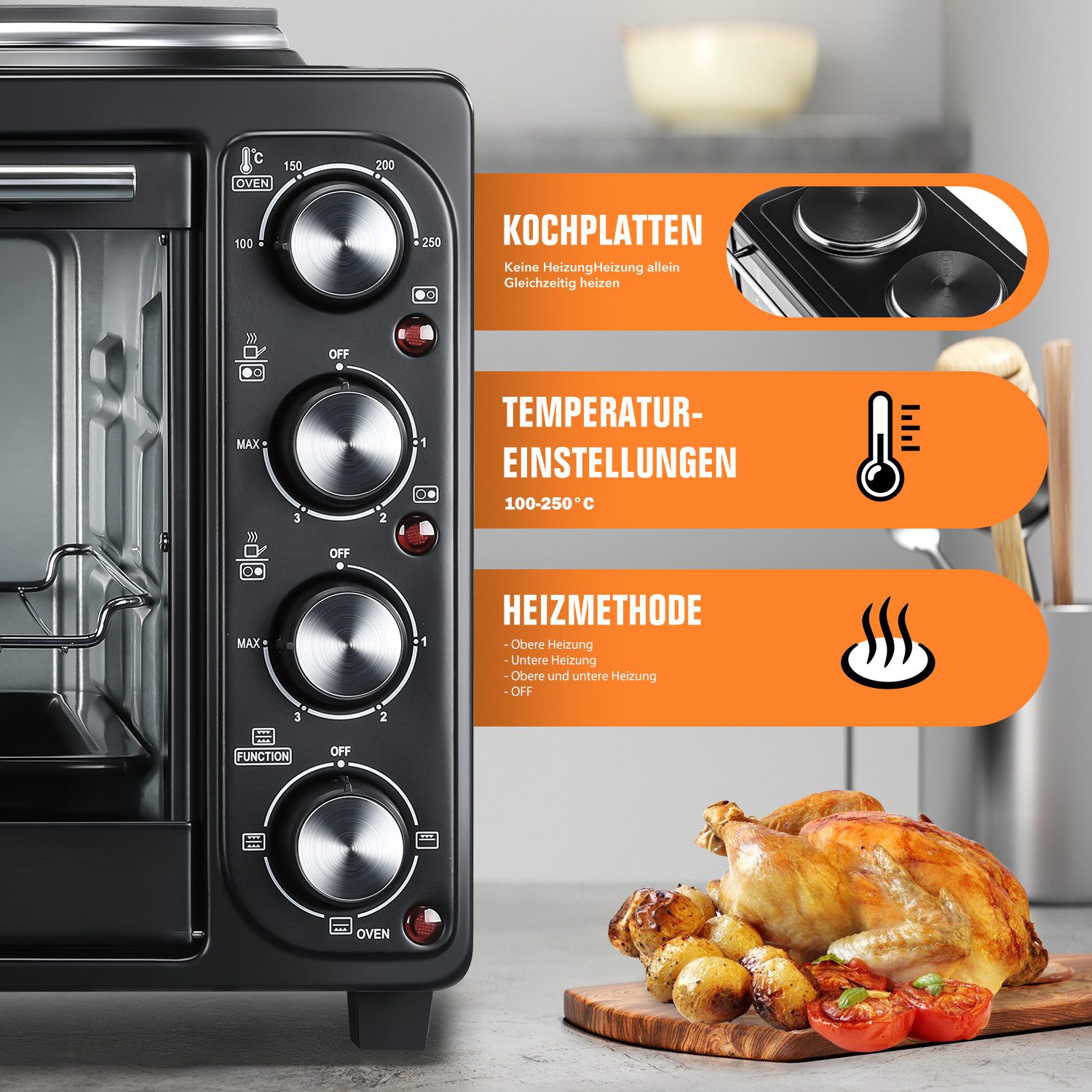LETGOSPT Multiofen Mini-Backofen mit 2 Kochplatten 36L Kapazität, 3200W, Umluft, max 250°C, geeignet für Camping, Wohnheim & Kleinküchen