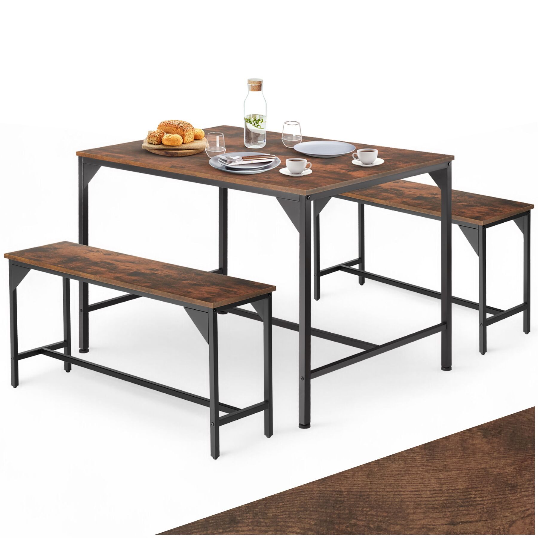 tectake Sitzgruppe Essgruppe 3-teilig, mit höhenverstellbaren Kunststofffüßen, (Loungeset Bolton, 3-tlg., in Industrial Holz dunkel, rustikal), Esstisch mit 2 Sitzbänken, Industrial Style, Holz und Stahl