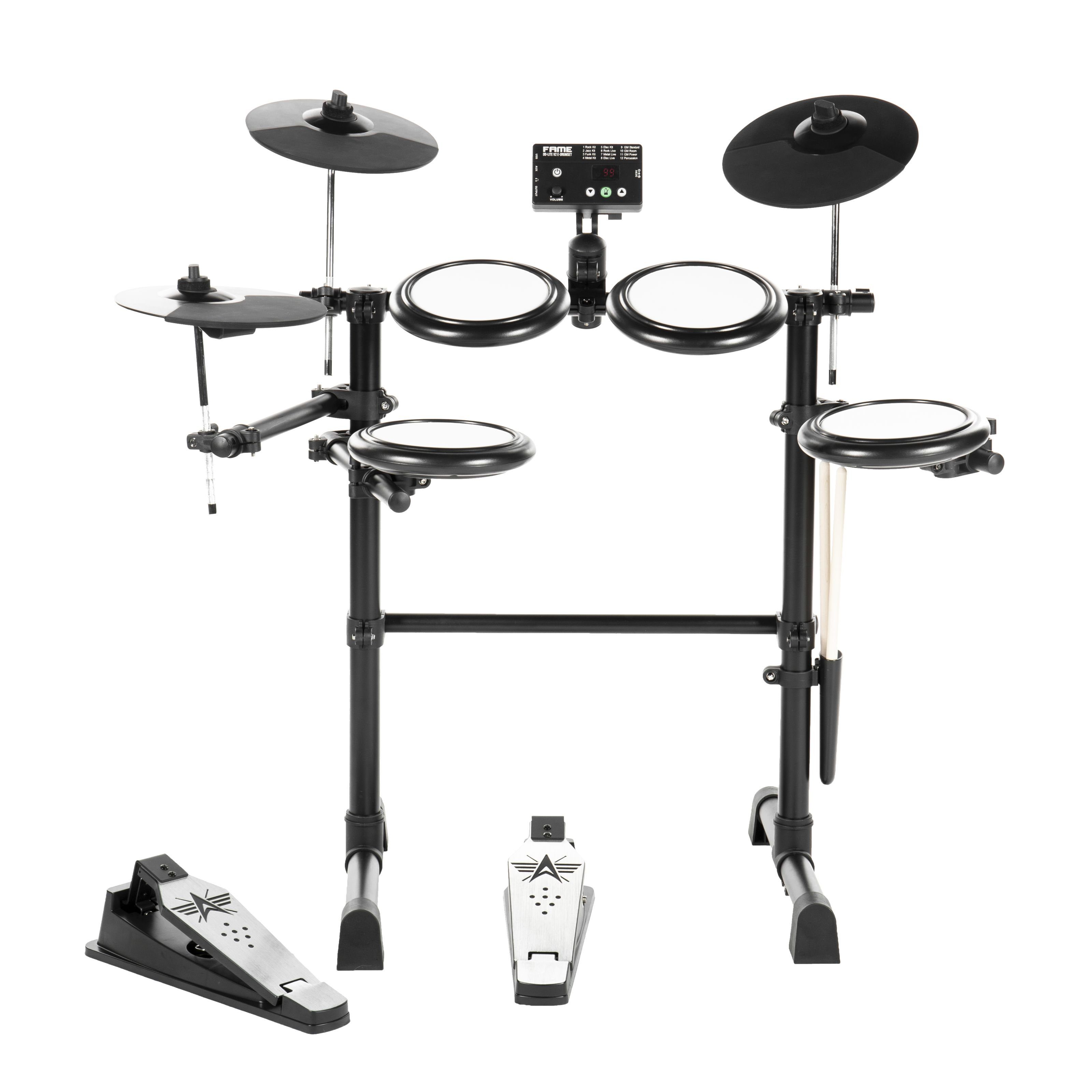 FAME E-Drum,DD-Lite V2 E-Drum Set, Elektronisches Schlagzeug-Set mit 144 Sounds, 12 Drumsets, Aux-Eingang, MIDI, Drumsticks, Drum Key, Mesh Heads, E-Schlagzeug, Schwarz, DD-Lite V2, E-Drum Set, Elektronisches Schlagzeug