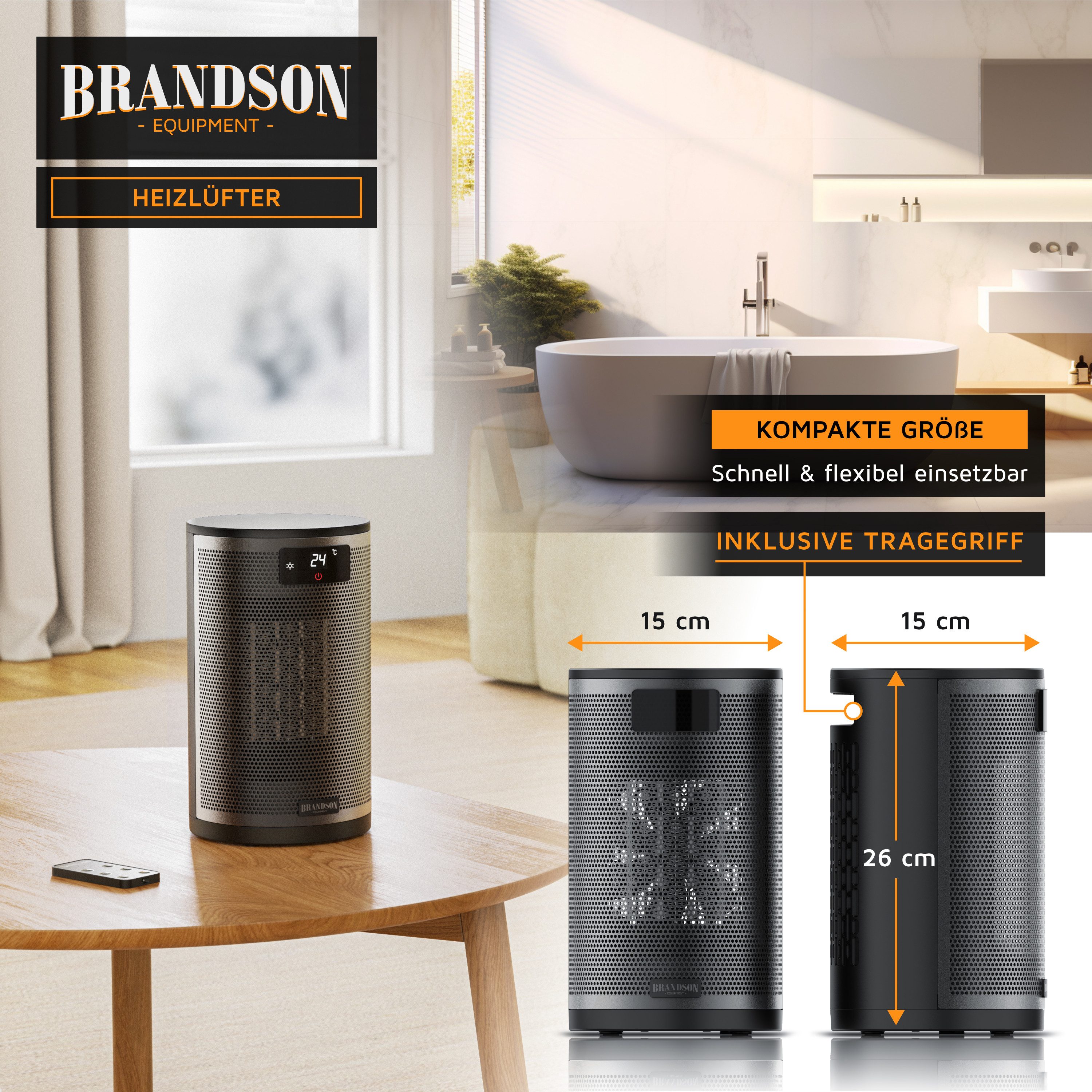 Brandson Heizlüfter Keramik Heizgerät, 2 Heizstufen, ECO-Modus, Fernbedienung, kompakt, 1500 W, Preisträger 2025, Timer, 15–35 °C, Tastensperre, Überhitzungssch – Bild 4 von 5