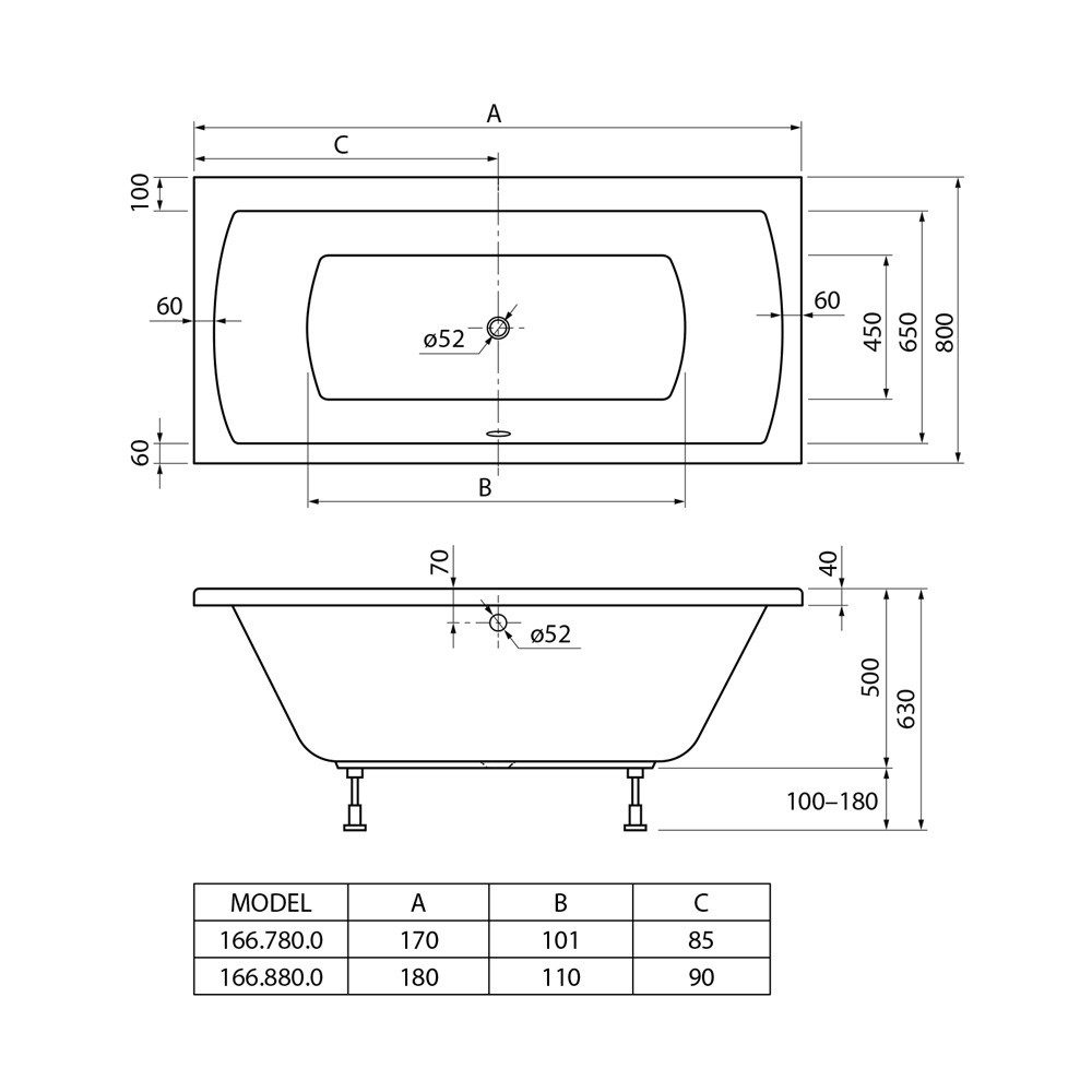 Bruckner Badewanne ELVINA Rechteckwanne 170x80x50cm, weiß, (1-tlg)