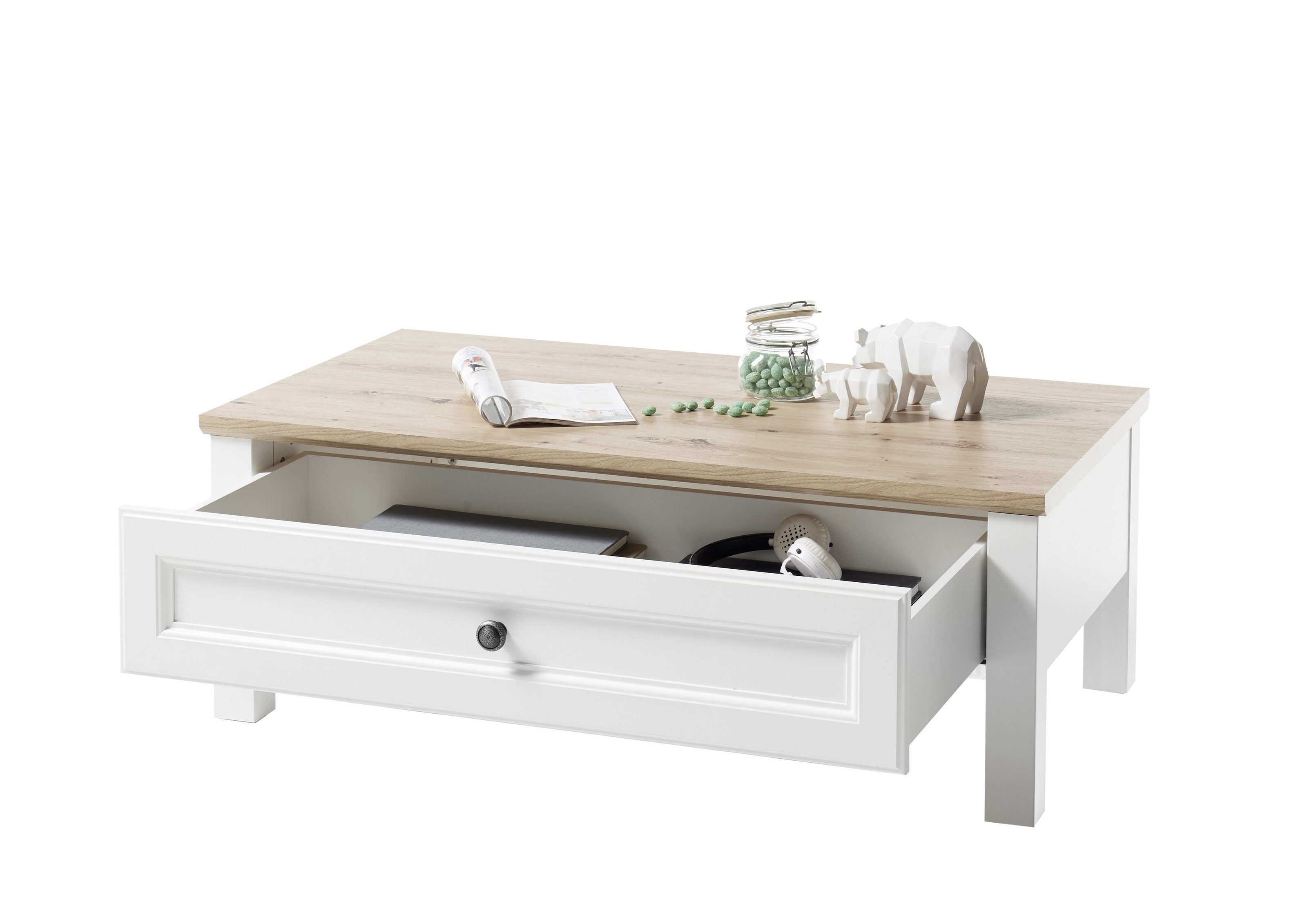 PREISBRECHER Couchtisch Toskana, Schublade, Artisan Eiche Dekor, weiß - 110x41x60 (BxHxT)