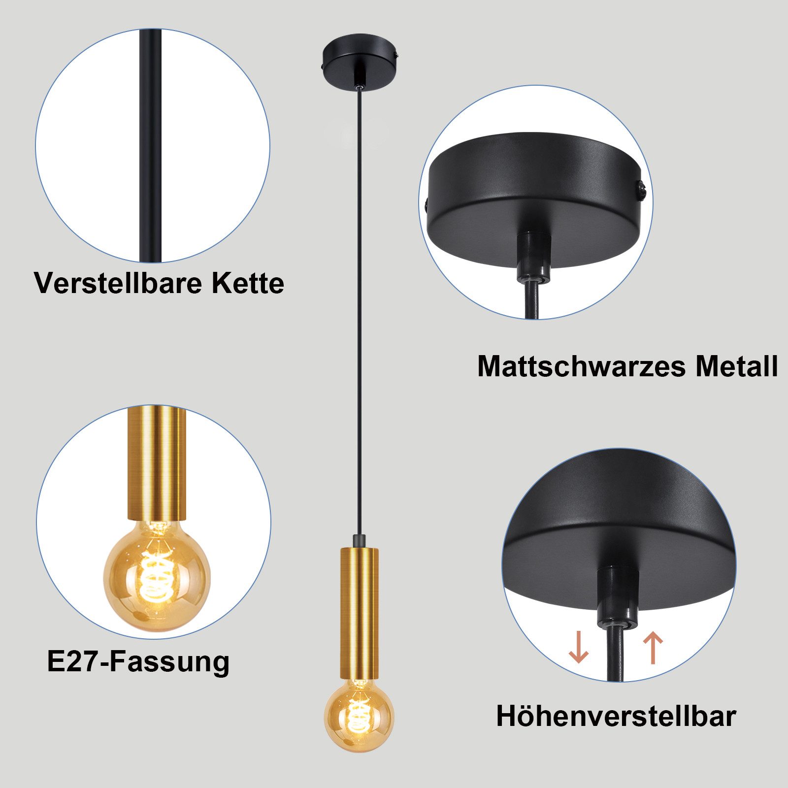 Nettlife Hängeleuchte Gold 1 Flammig Esszimmerlampe E27 Metall Industrial Pendelleuchte, Höhenverstellbar, ohne Leuchtmittel, Bettlampe Nachttisch Hängend Küche – Bild 3 von 5