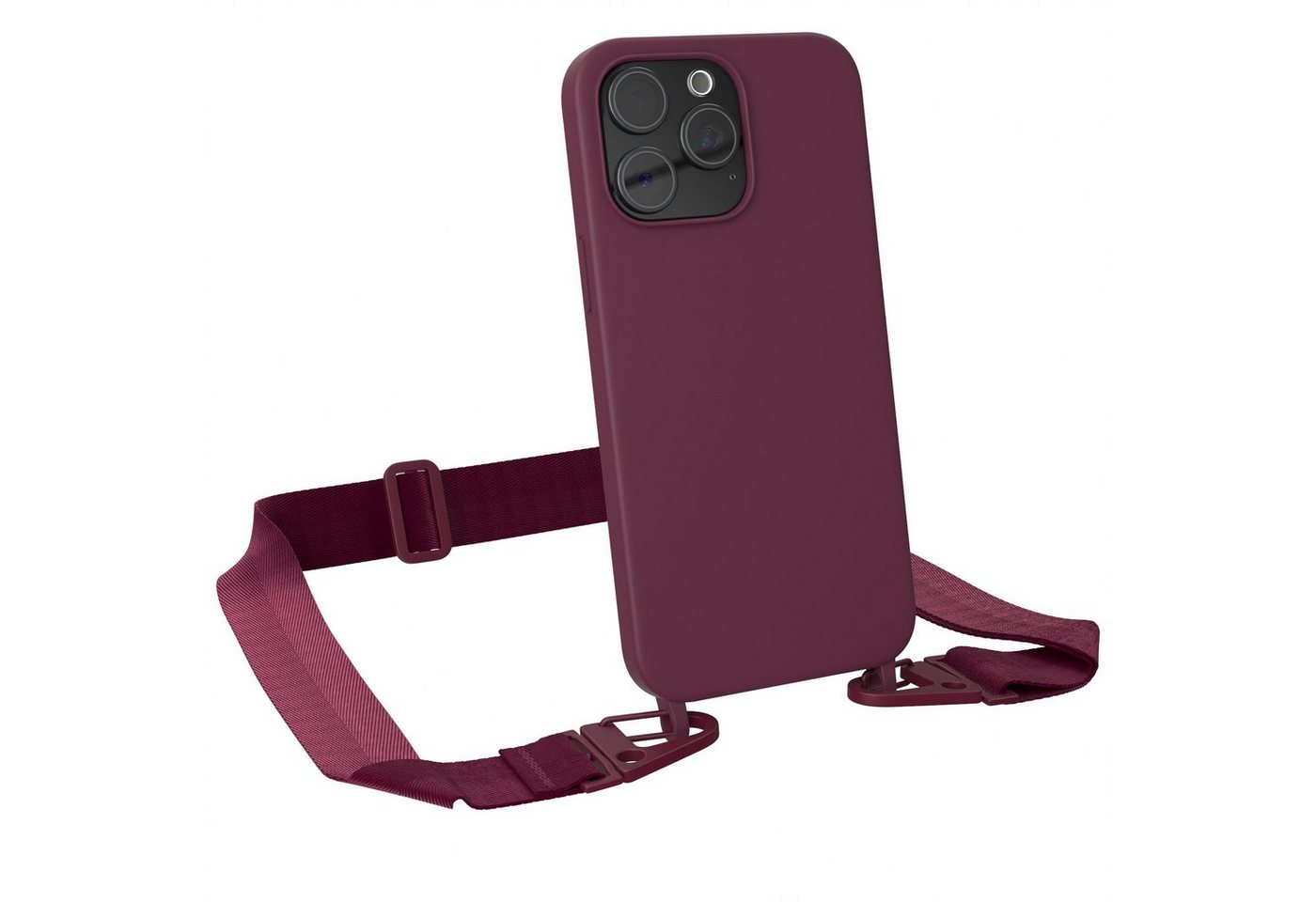 EAZY CASE Handykette Karabiner Breitband für Apple iPhone 15 Pro Max 6,7 Zoll, Smartphonekette Cover Silikonhülle Umhängetasche in Burgundy Rot Beere