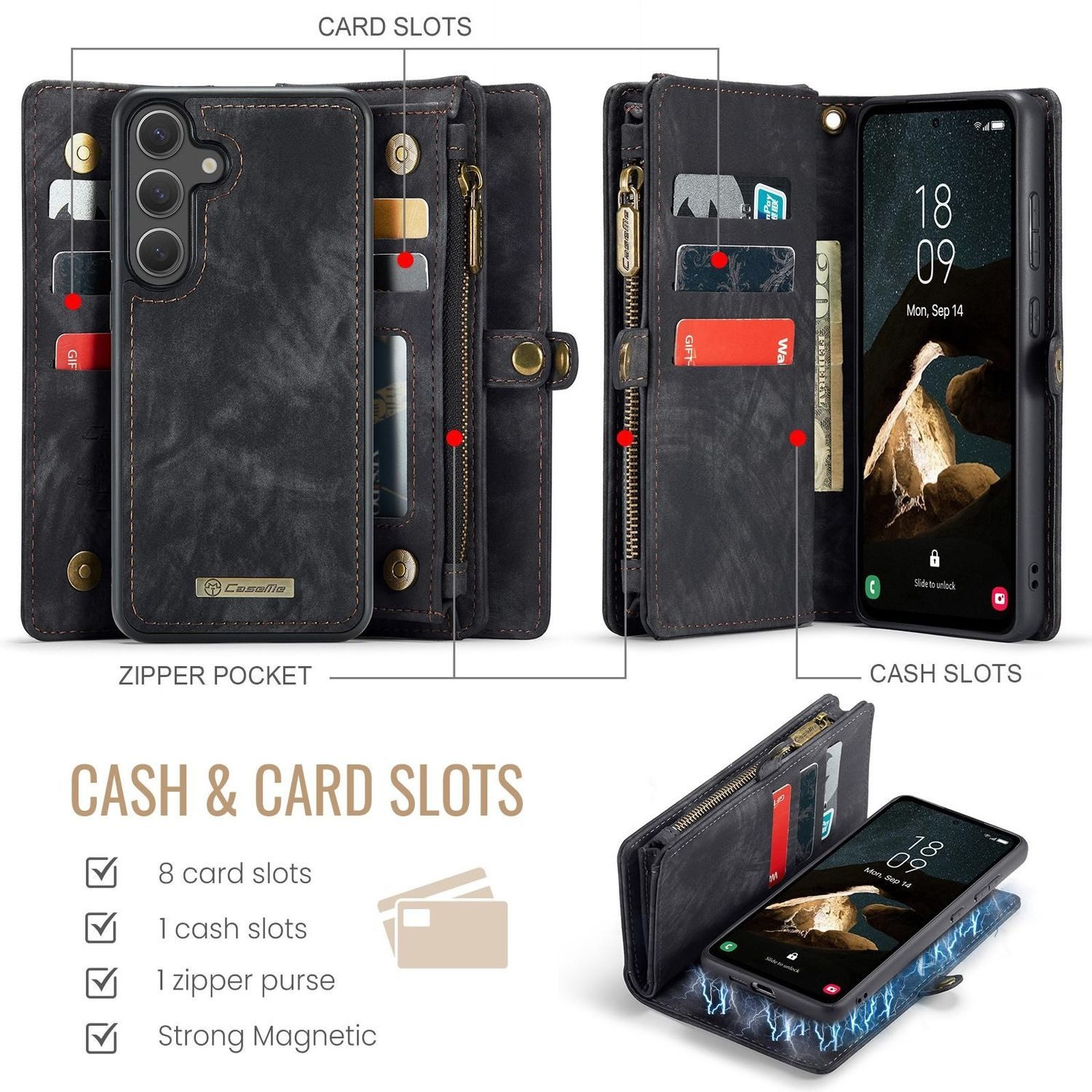 CaseMe Handyhülle Für Samsung Galaxy S25 Kunstleder Multifunktion Tasche Hülle Schwarz, Kunst-Leder Schutz Tasche Smart Case Multifunktion
