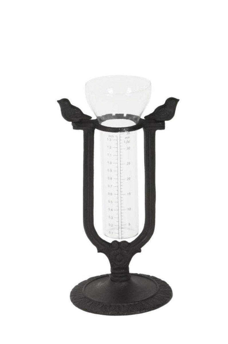 finehomegarden Gartenstecker Regenmesser mit Glas Vogel auf Fuß Gusseisen schwarz/braun H27,5cm (1-St) Wetterstation Niederschlagsmesser Garten / Paket