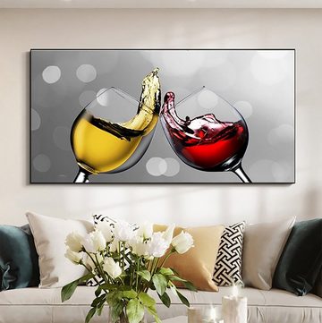 TPFLiving Kunstdruck (OHNE RAHMEN) Poster - Leinwand - Wandbild, Champagner- und Weingläser - (Weiswein, Rotwein), Farben: Rot, Gelb, Gold, Grau - Größe: 20x40cm