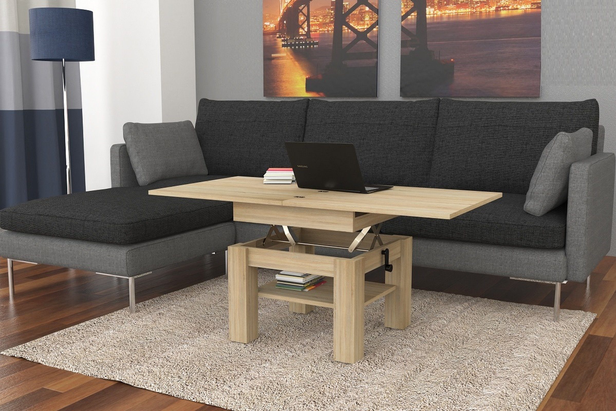 designimpex Couchtisch Design höhenverstellbar Eiche aufklappbar stufenlos Cleo Sonoma Couchtisch Esstisch