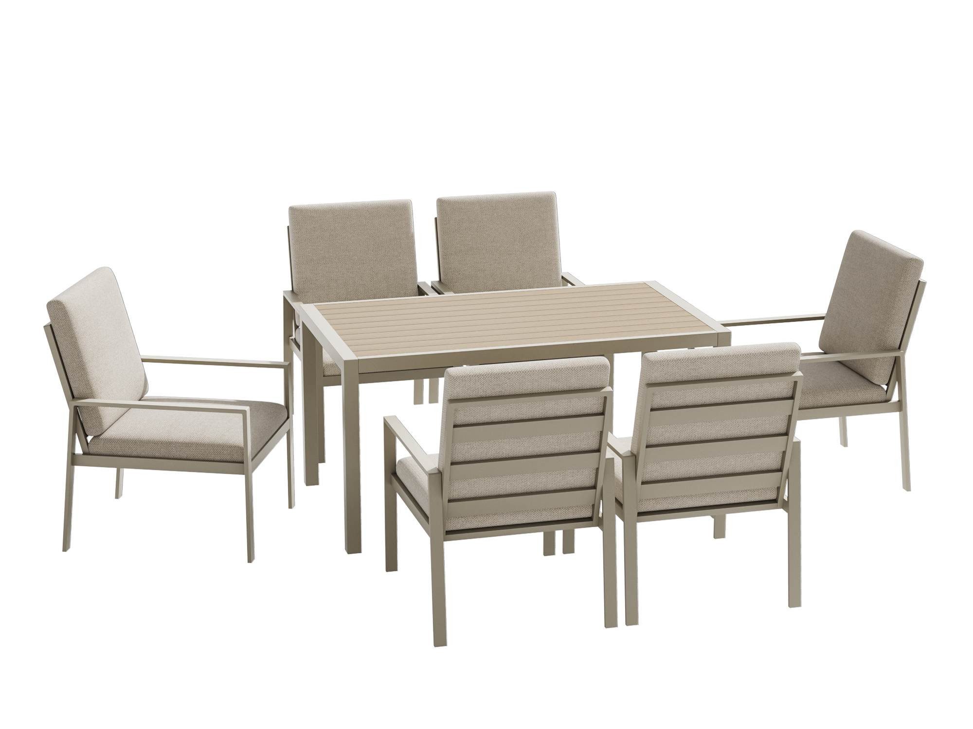 MeXo Gartenlounge-Set Lounge Gartenmöbelset Aluminium Wetterfest, (Garten Essgruppe für 6 Personen, 7-tlg., 6 Sessel, Esstisch 140x80x70 cm), 85 cm Rückenlehne, hoher Sitzkomfort