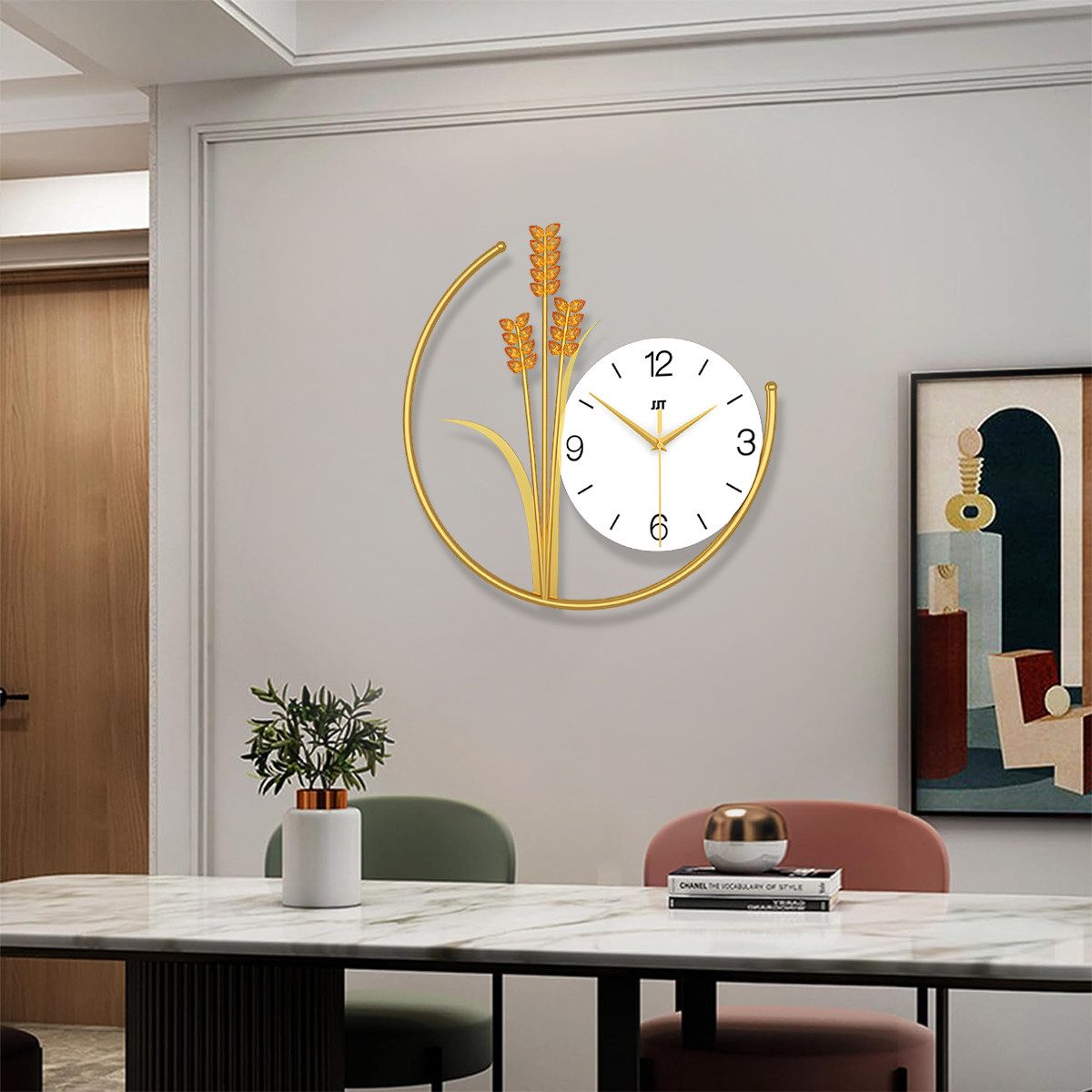 MOPUEA Wanduhr Wanduhr Weizen dekorative Kunstuhr Restaurantwand Wanduhr 40*40 CM (Leises Uhrwerk, dekoratives Weizendesign)