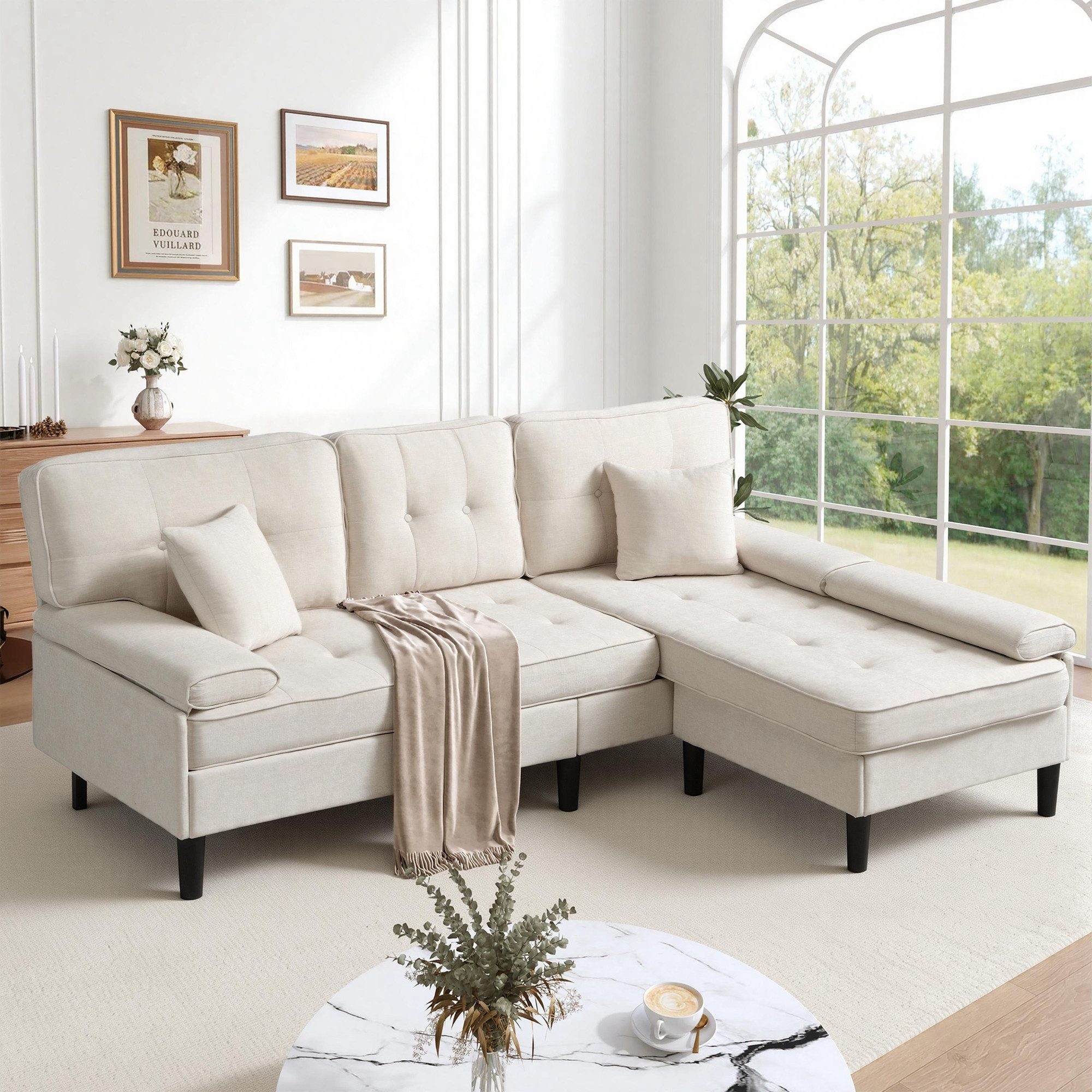 Merax Ecksofa Chenille L-Form Sofa, Platzsparendes Ecksofa für Wohnzimmer & Apartment 1 Teile, Modulares 3-Sitzer Sofa mit Chaiselongue & Fußbank, Breite: 195cm