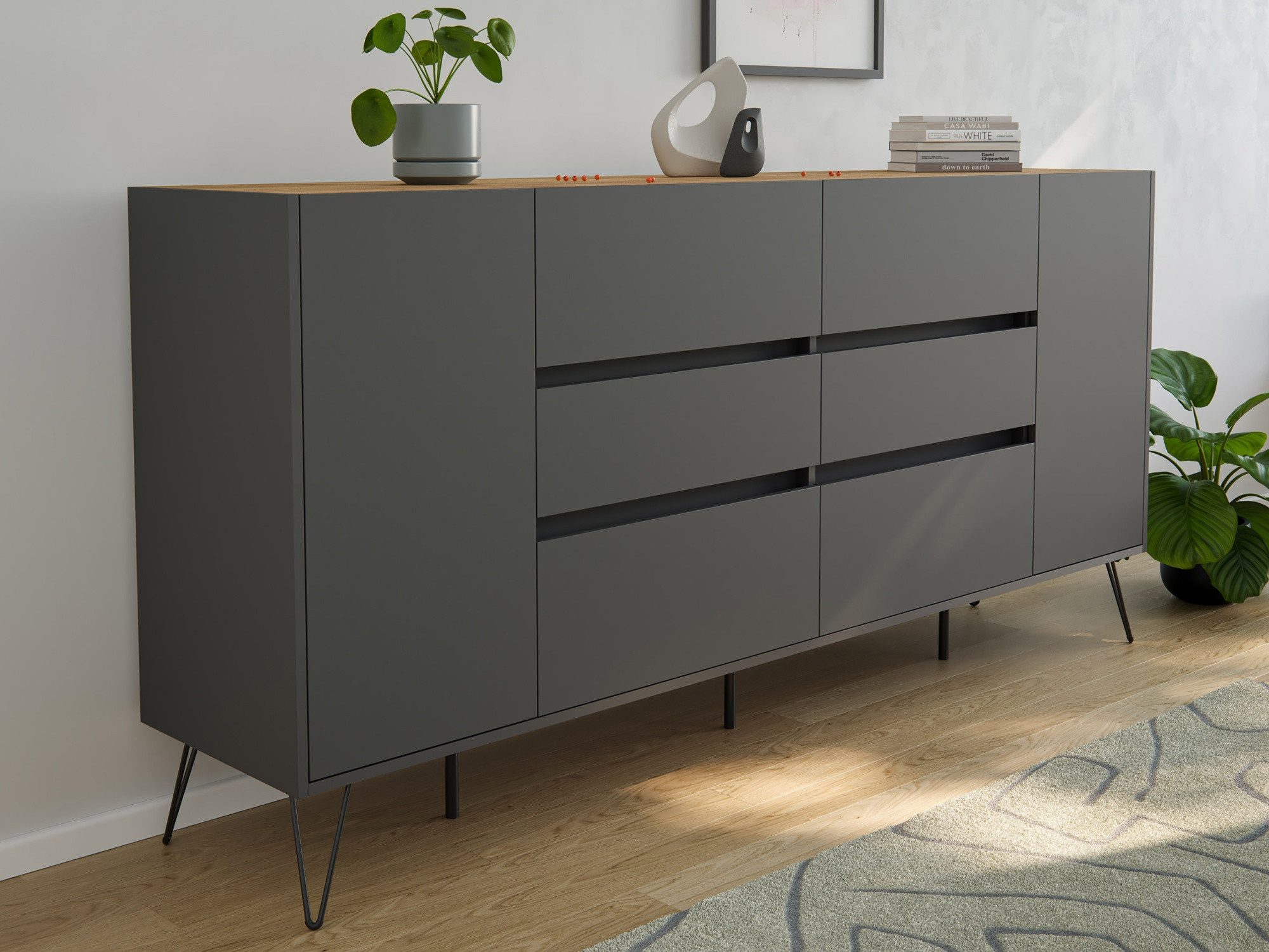 Magnolia Home Kommode Sideboard Yako XL 200cm 6 SoftClose 2 Türen Grafit/Eiche Top