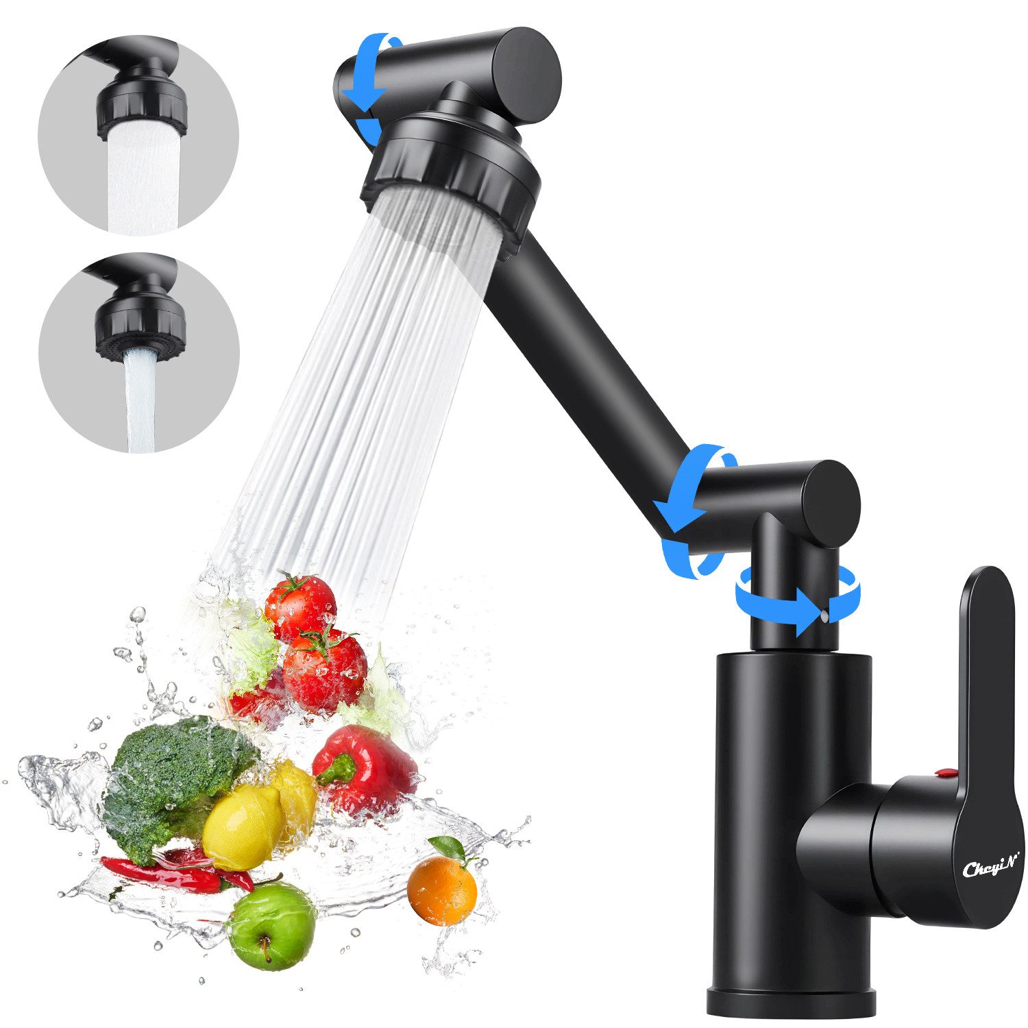 CkeyiN Küchenarmatur 1080° drehbar Wasserhahn Küche Bad Spültischarmatur Waschtischarmatur 2 Strahlarten Kalt-und Warmwasserhahn Höhenverstellbar schwarz