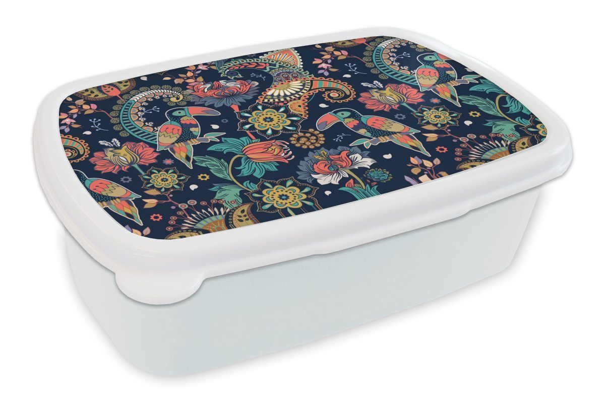 MuchoWow Lunchbox Tukan - Vogel - Regenbogen - Dschungel - Muster, Kunststoff, (2-tlg), Brotbox für Kinder und Erwachsene, Brotdose, für Jungs und Mädchen weiß