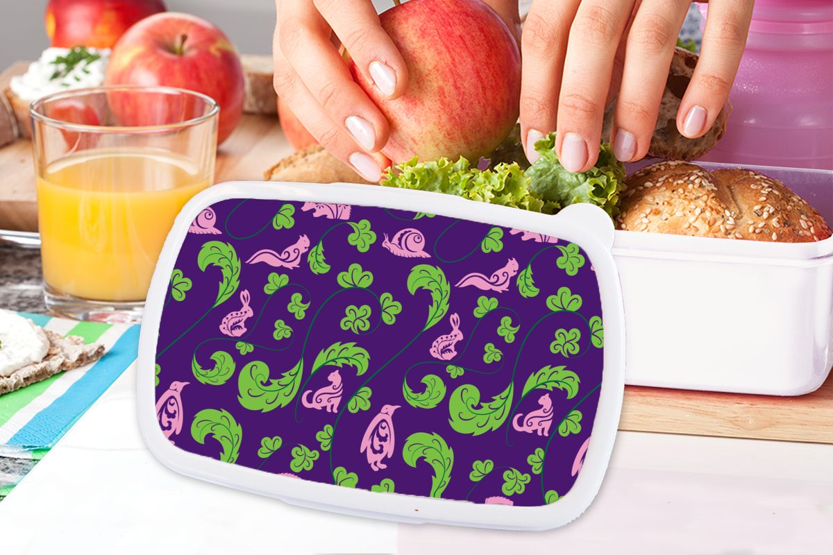 und Muster, Lunchbox MuchoWow Jungs Brotbox Tiere Blätter für Mädchen - für Kinder Erwachsene, Kunststoff, weiß - (2-tlg), Brotdose, und