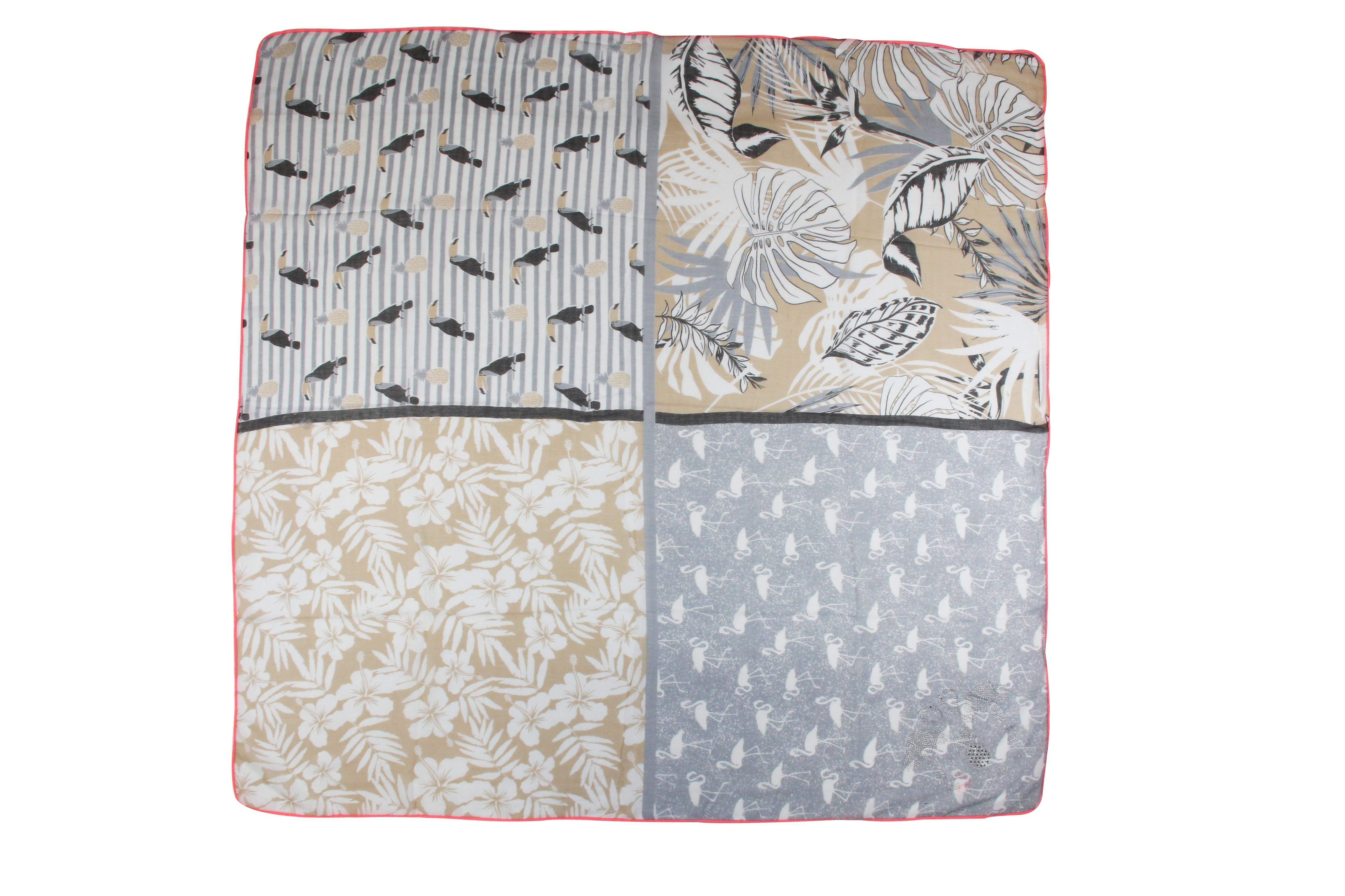 Vanessa & Melissa Modetuch Leichter Damen Schal, quadratisches Tuch mit, exotischem Palmen Pelikan Flamingo Print und Strass Steinchen