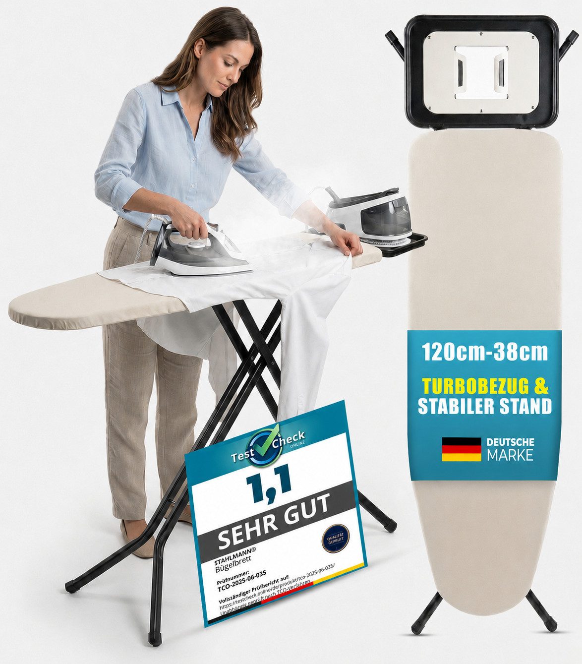 STAHLMANN COMMERCE GmbH Bügelbrett Granada [120 × 38 cm], TestCheck 1,1 SEHR GUT, Turbobezug, Bügelfläche 120x38 cm