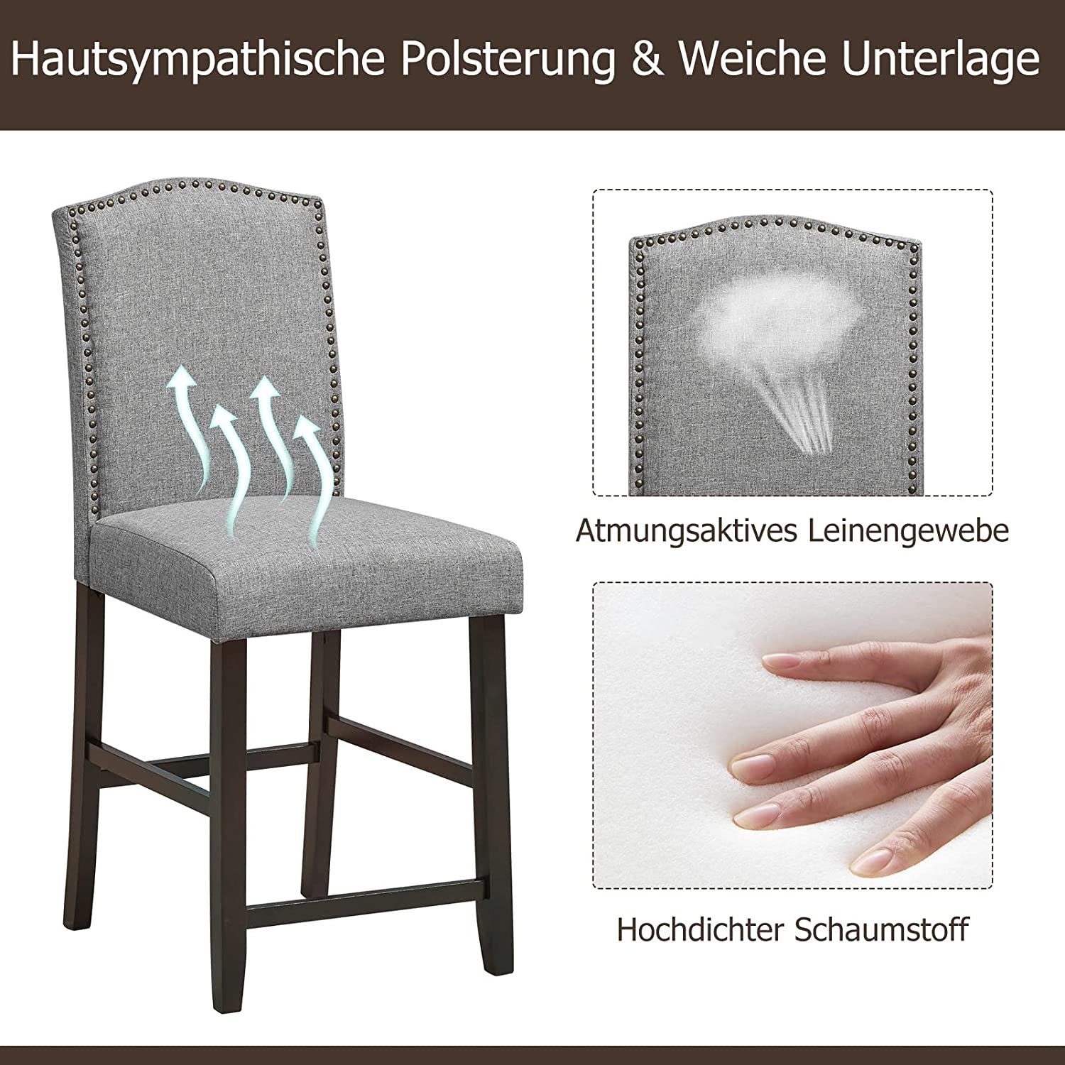 Sitz, Polsterstuhl (2er-Set), Kautschukholz mit grau KOMFOTTEU gepolstertem aus