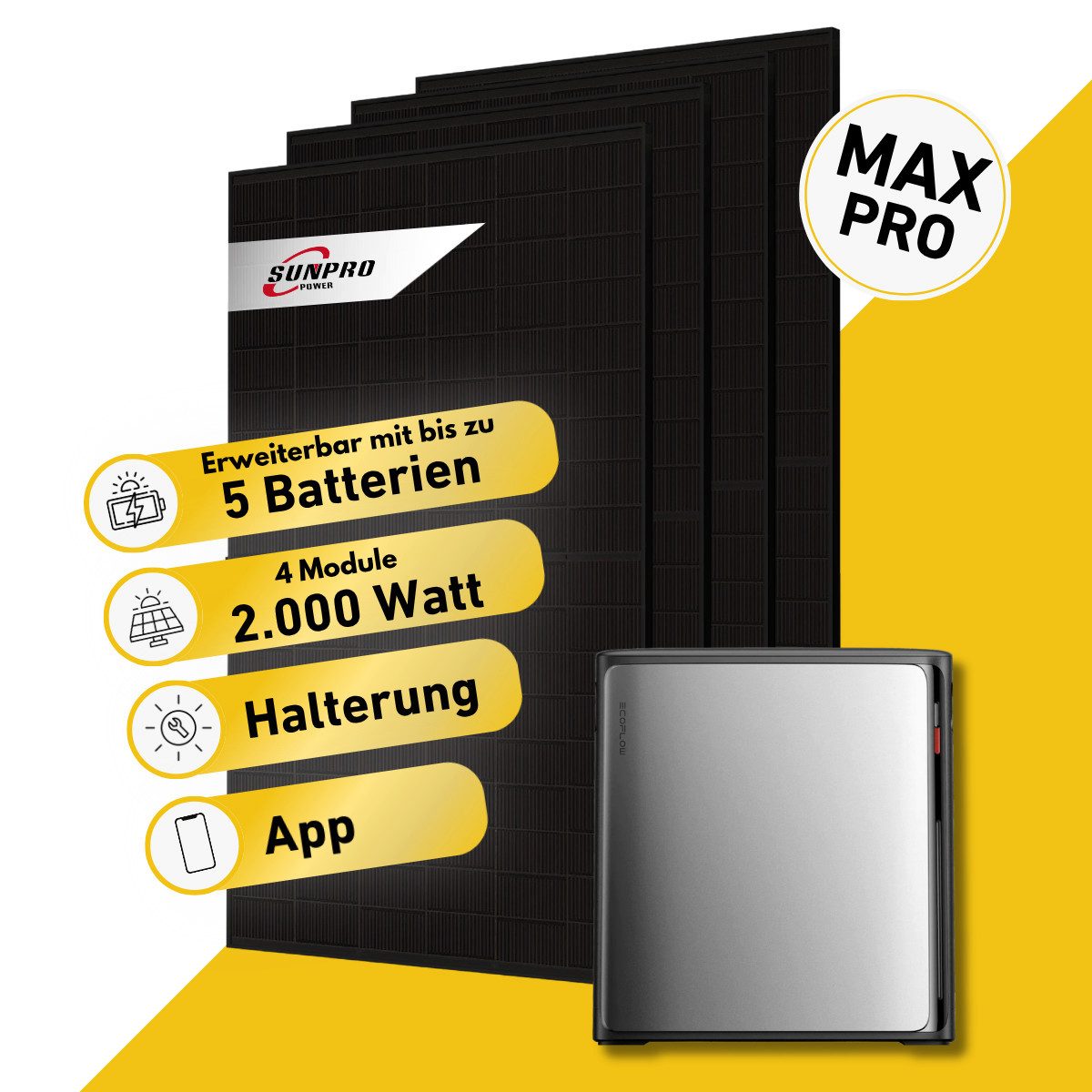 Balkonstrom Balkonkraftwerk MAX Pro 4000 Watt Solaranlage mit Speicher Komplettset Bifazial, 2000 W, Monokristallin, (4x Sunpro Solarmodul á 500 Watt, 1x EcoFlow STREAM Ultra X, 1-5 Zusatzspeicher AC Pro), Halterung für Dach, Fassade, Balkon & Garten, App & Plug&Play DE