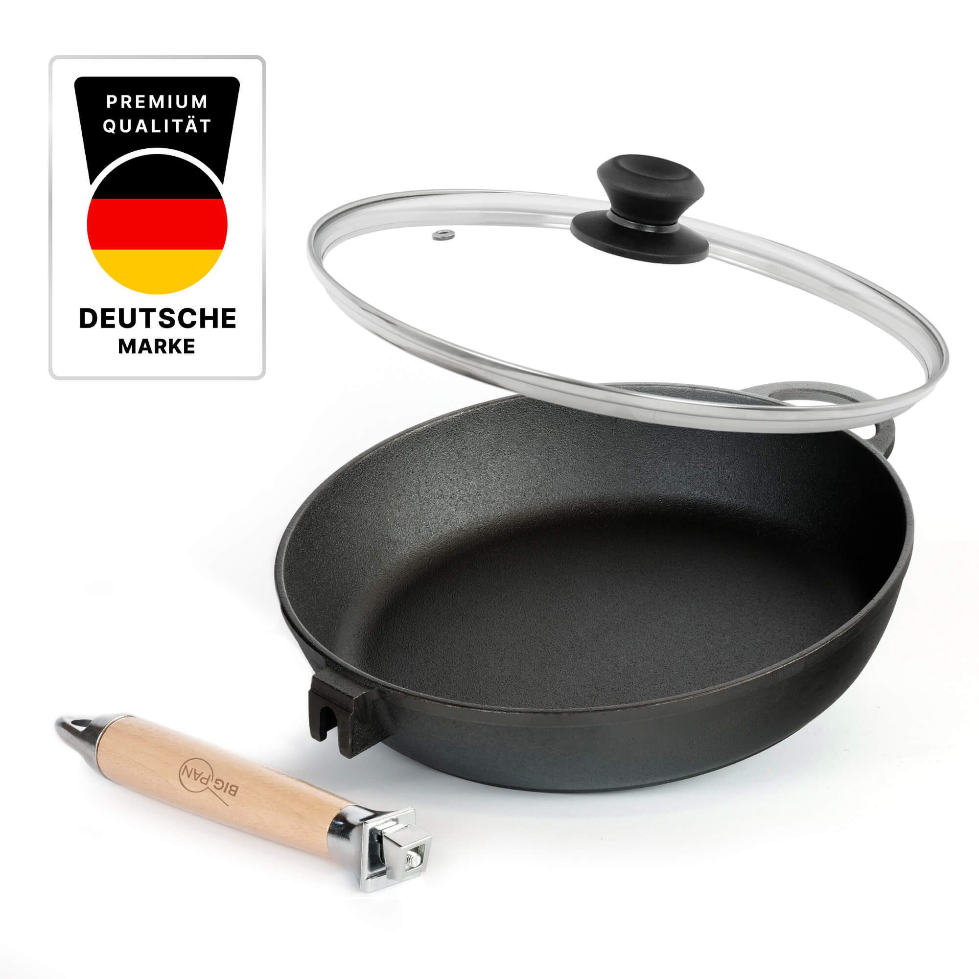 4BIG.fun Bratpfanne Premium tiefe Gusseisenpfanne 24 cm Glasdeckel unbeschichtet robust, Gusseisen (Induktion Eisenpfanne Gusspfanne, Für alle Herdarten geeignet Induktion), Steakpfanne Servierpfanne Cast Iron Pan