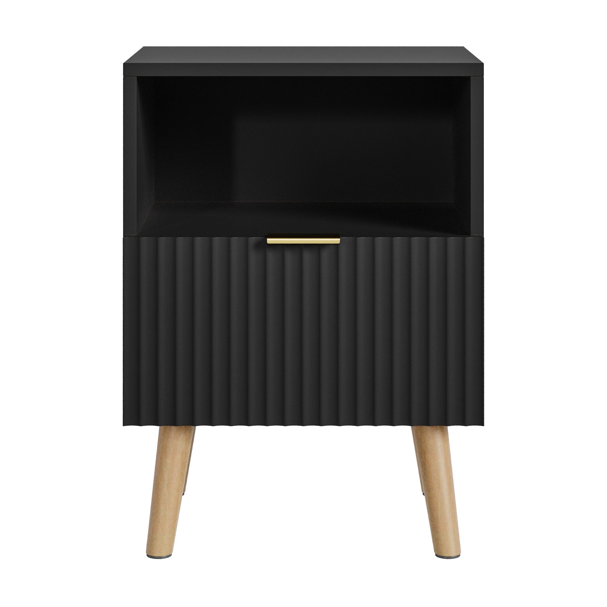 en.casa Nachttisch (1-St), »Nand« 1 Schublade 1 offenes Fach 55x40x30 cm Holzbeine Schwarz