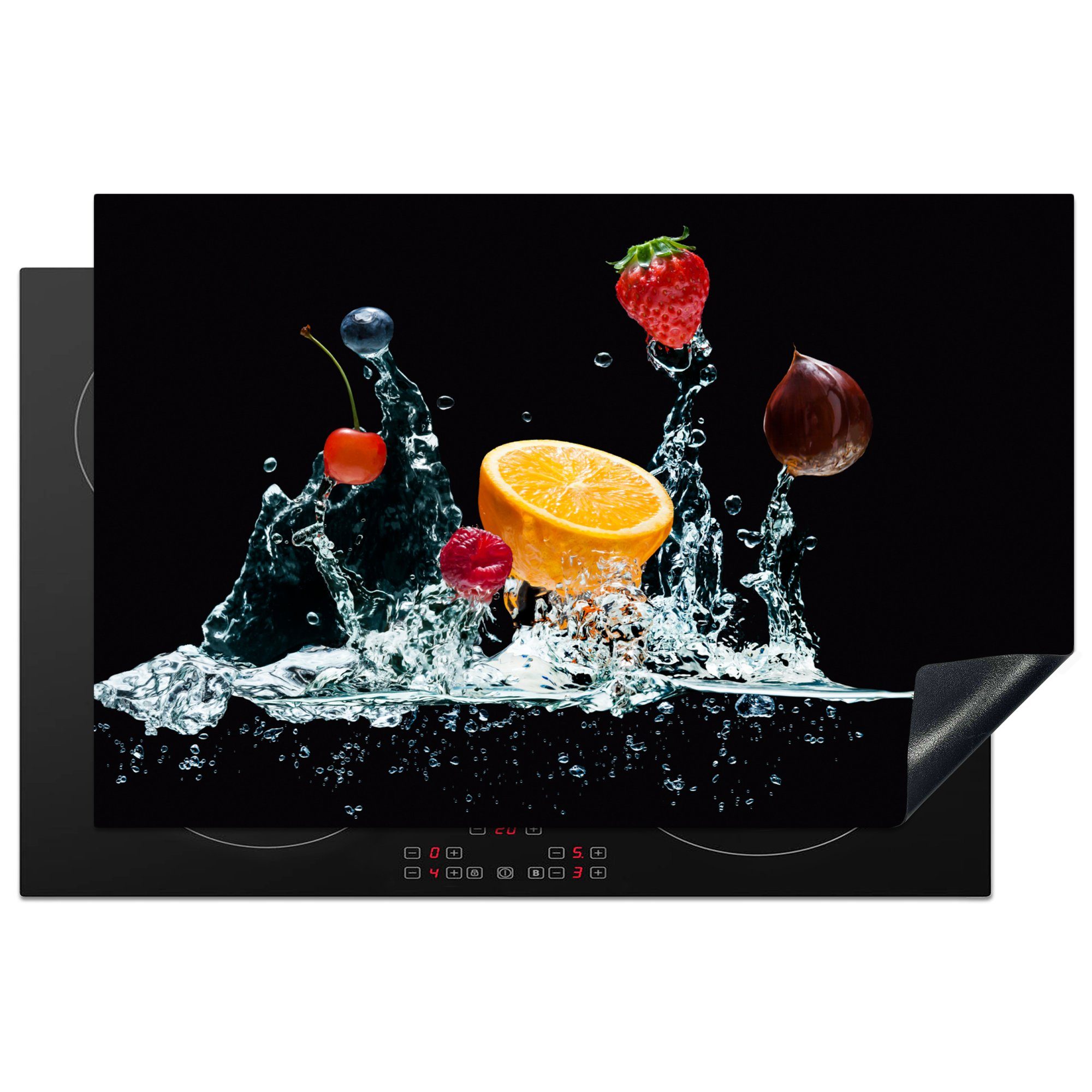 MuchoWow Herdblende-/Abdeckplatte Wasser - Obst - Orange - Erdbeere - Kirsche - Schwarz, Vinyl, (1 tlg), 81x52 cm, Induktionskochfeld Schutz für die küche, Ceranfeldabdeckung