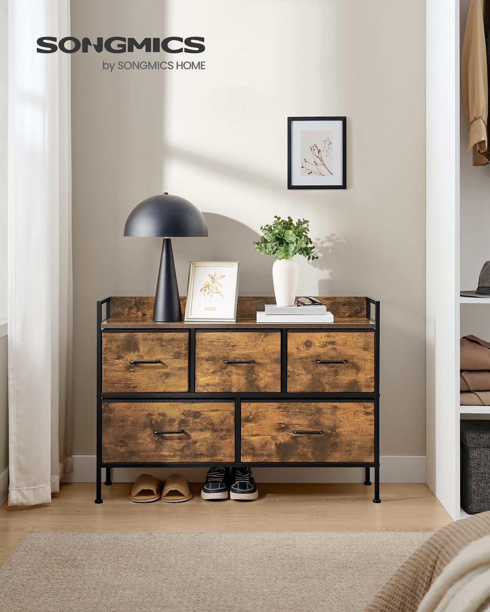 SONGMICS Kommode Schrank Schlafzimmer, Stahlrahmen, Sideboard, Aufbewahrungsschrank 5 Stoffschubladen mit Griffen
