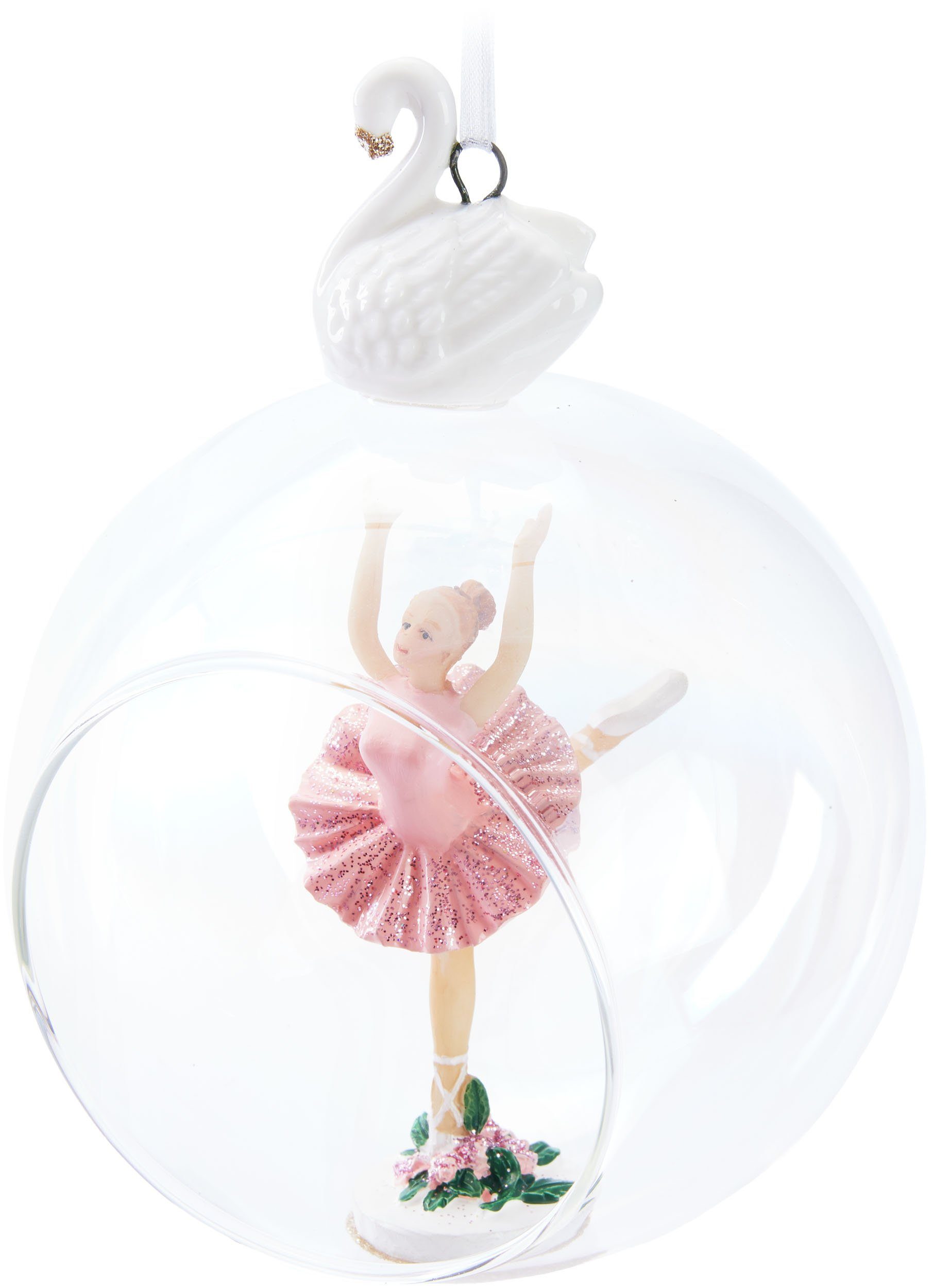 BRUBAKER Weihnachtsbaumkugel Premium Weihnachtskugel Ballerina im rosa Kleid - 10 cm Glas Baumkugel (1 St), Christbaumkugel mit Ballett Tänzerin und Schwan Figur - Weihnachtsdeko