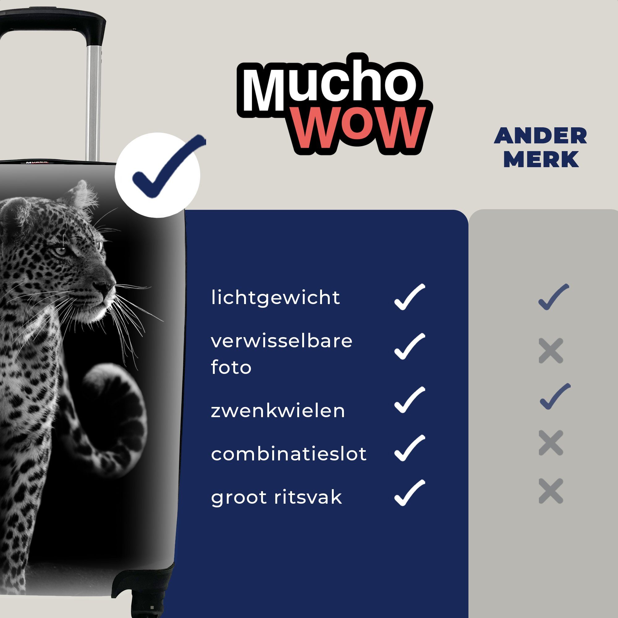 Rollen, für Schwarz Ferien, 4 MuchoWow Leopard mit Handgepäckkoffer - Weiß, rollen, Natur Wildtiere Trolley, - - Reisetasche Handgepäck Reisekoffer -