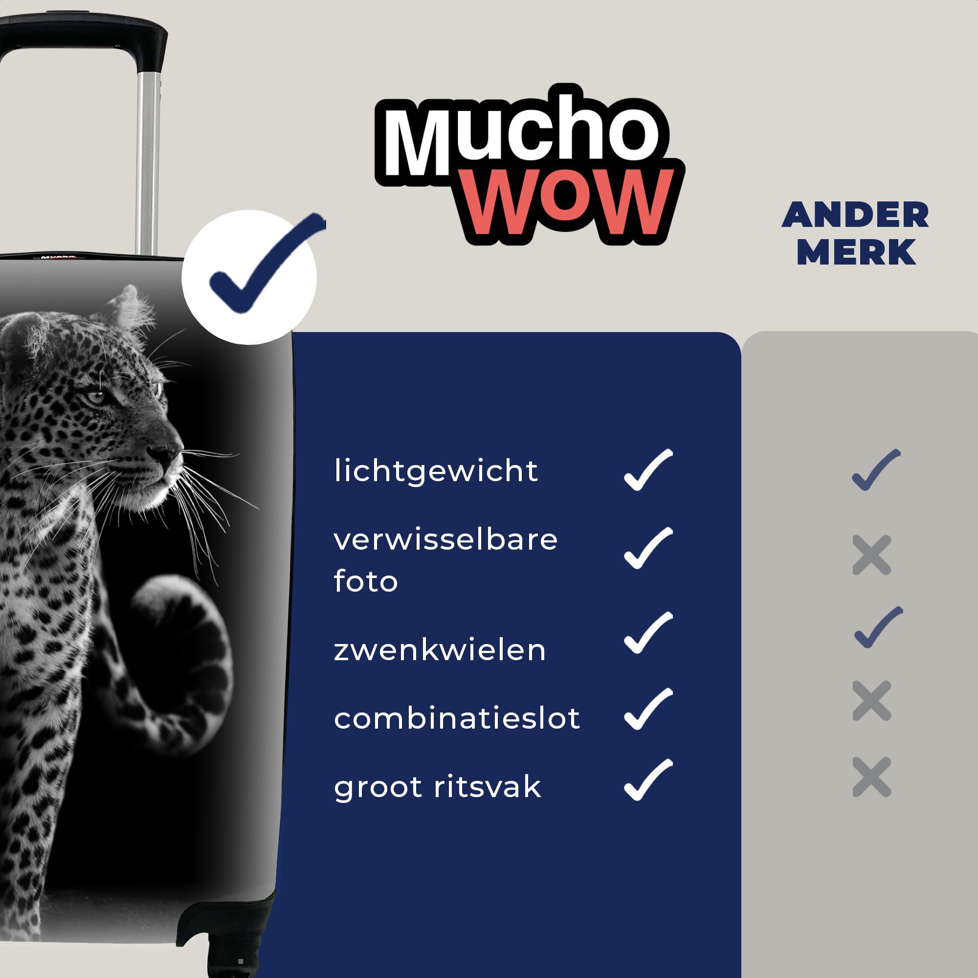 Schwarz Rollen, Handgepäck - Reisetasche 4 Handgepäckkoffer Reisekoffer Ferien, Weiß, rollen, - Wildtiere Trolley, MuchoWow mit Leopard für Natur - -