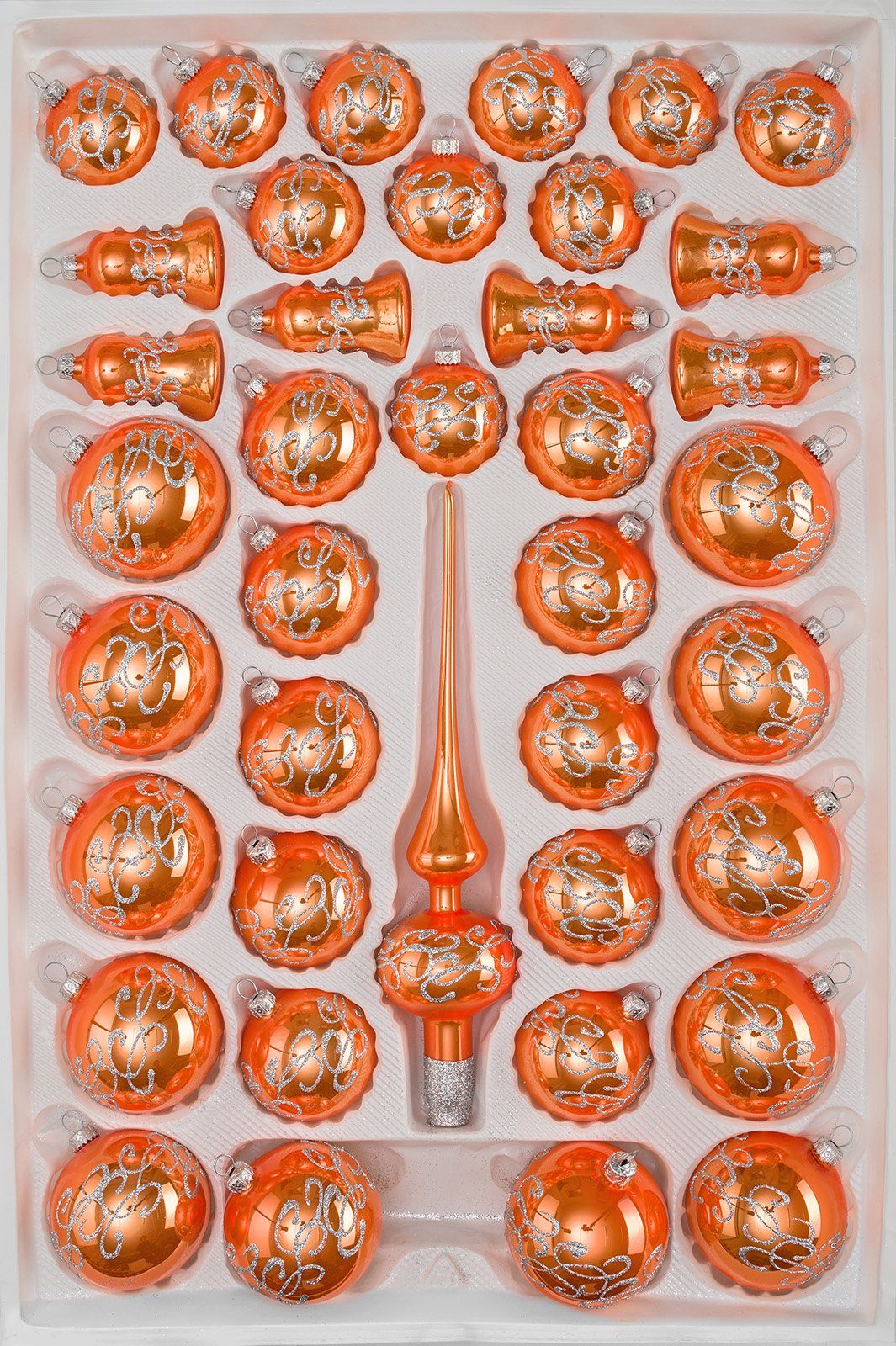 Navidacio Weihnachtsbaumkugel 39 tlg. Glas-Weihnachtskugeln Set "Hochglanz-Orange-Silber-Ornamente"