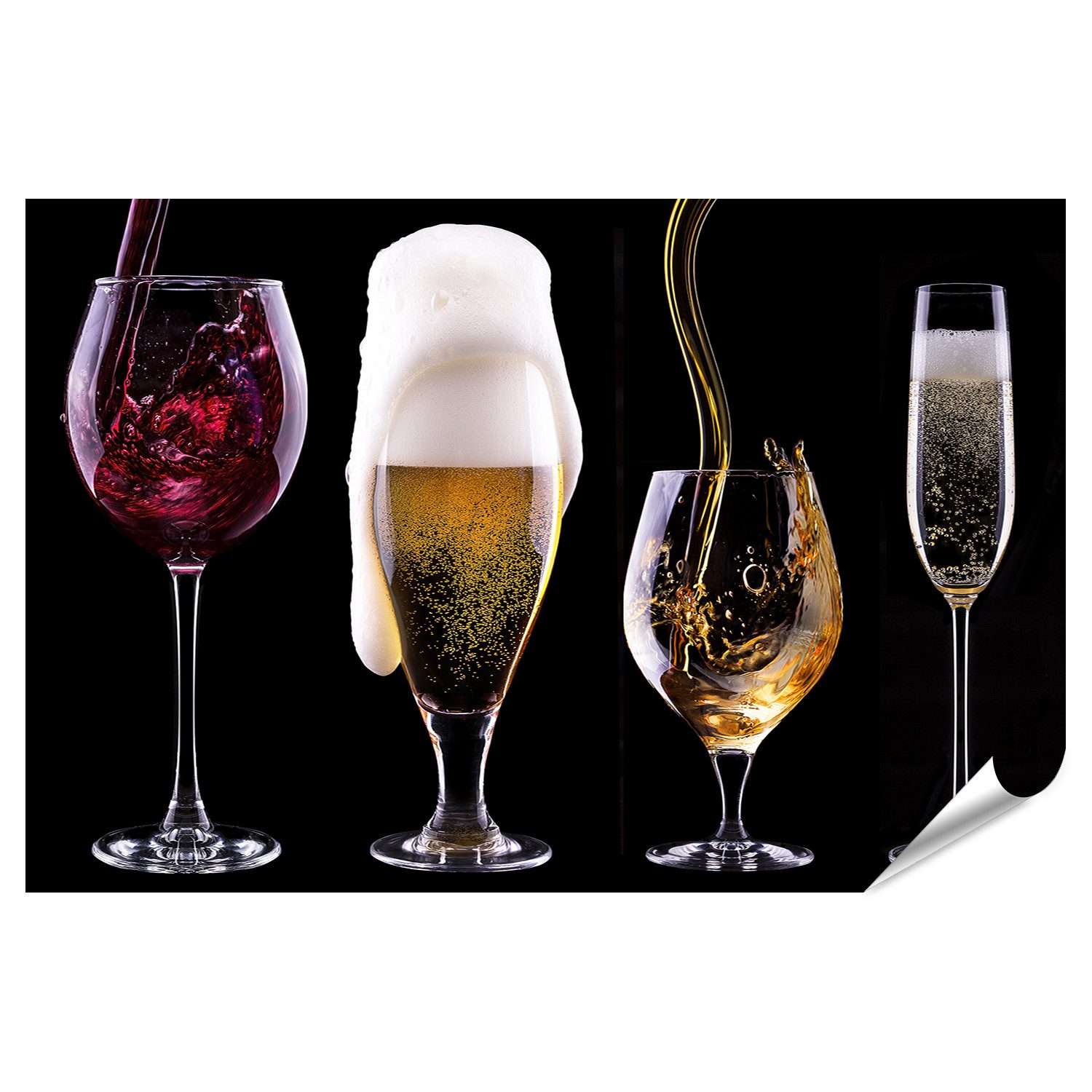 islandburner Poster Wein Bier Whisky Sekt Glaeser Schwarzer Hintergrund