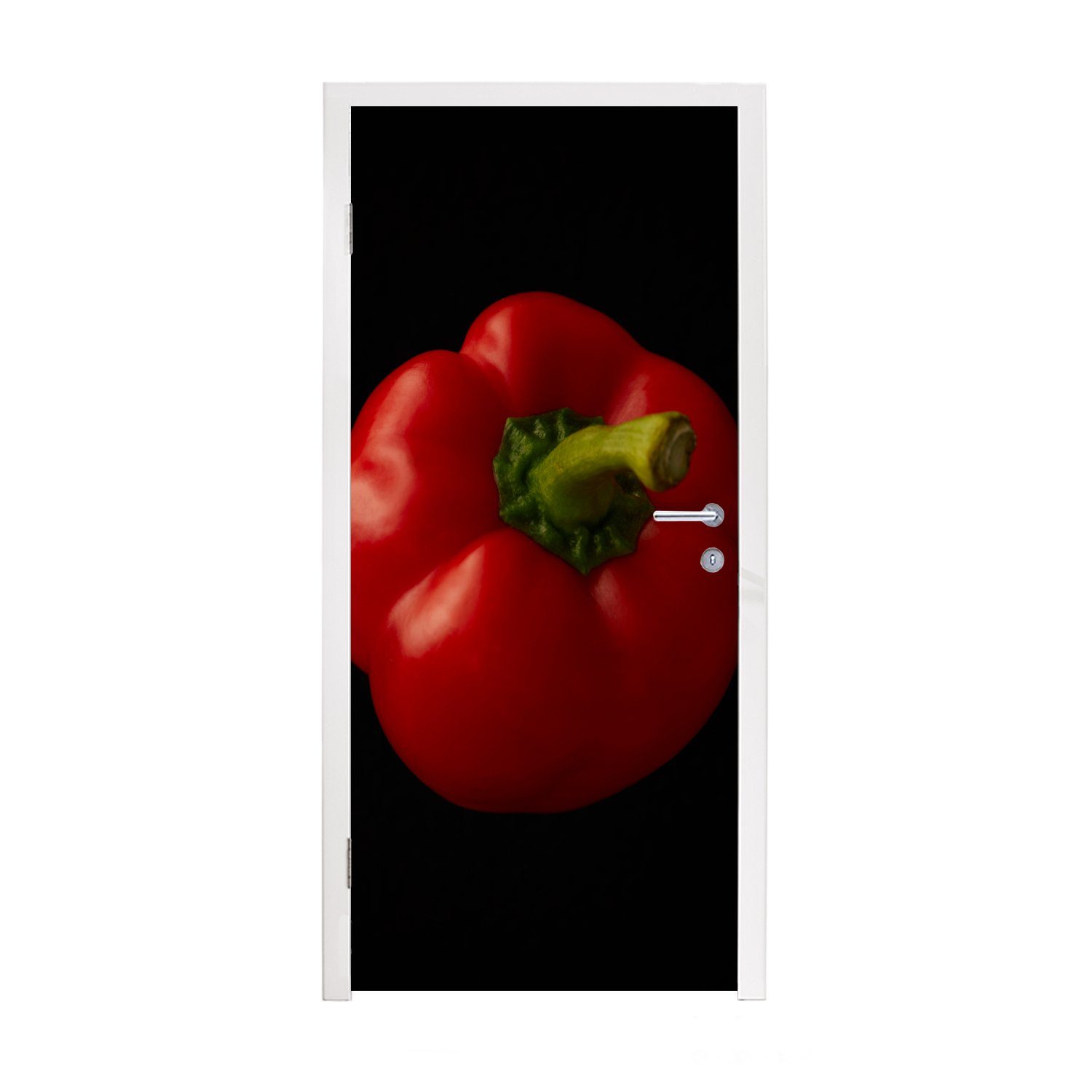 MuchoWow Türtapete Eine rote Paprika auf schwarzem Hintergrund, Matt, bedruckt, (1 St), Fototapete für Tür, Türaufkleber, 75x205 cm