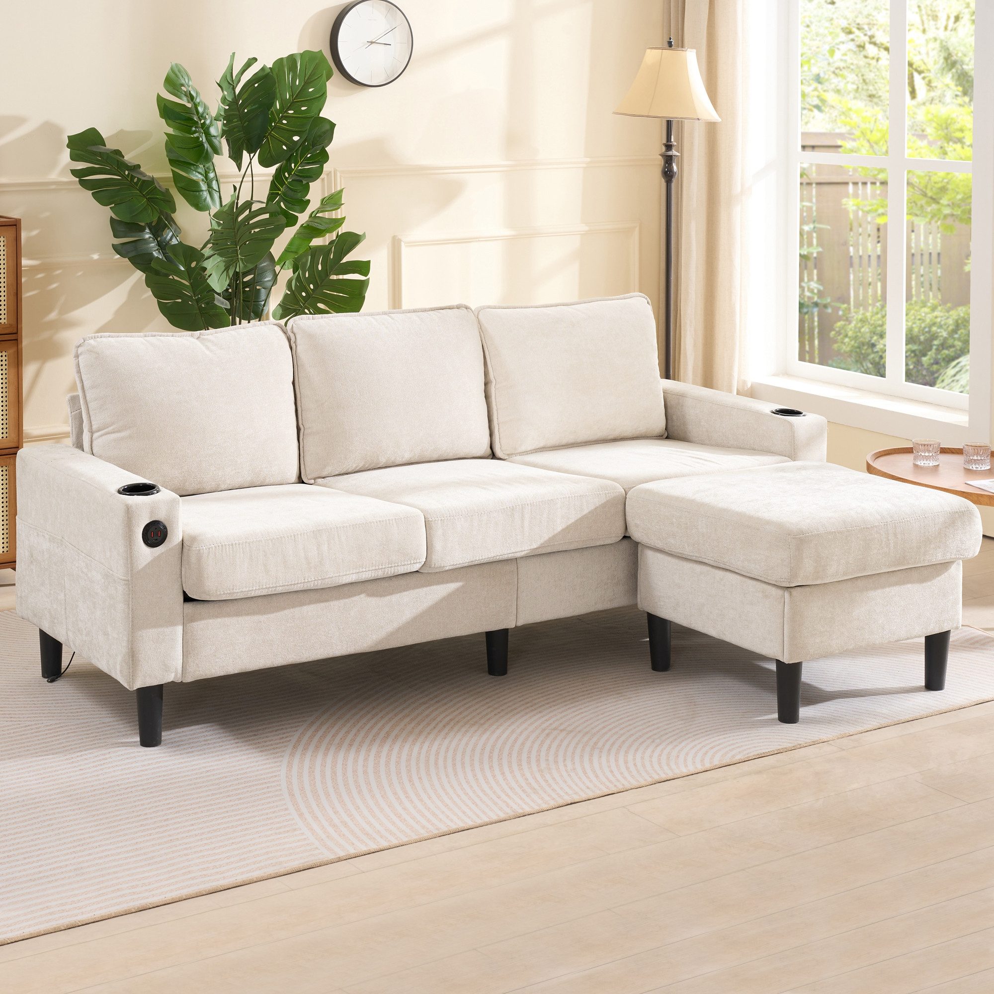 Merax Schlafsofa 3-Sitzer-Sofa mit USB & Typ-C-Anschlüssen, 202*137*80cm 1 Teile, L-förmiges Schlafsofa mit Getränkehaltern & Hocker, Leinen Polstersofa