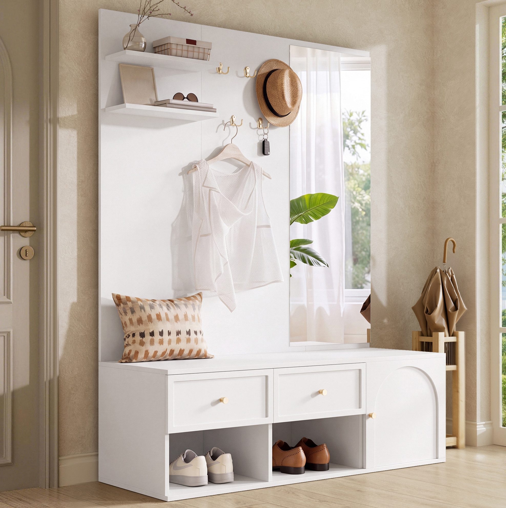 REDOM Garderobenschrank Garderobenständer, Garderobenmöbel mit Spiegel, Sitzbank (5 Haken und Stauraum, inklusive Schubladen und Regal, Garderoben-Set, Garderobe für den Eingangsbereich, 120×35×159 cm)