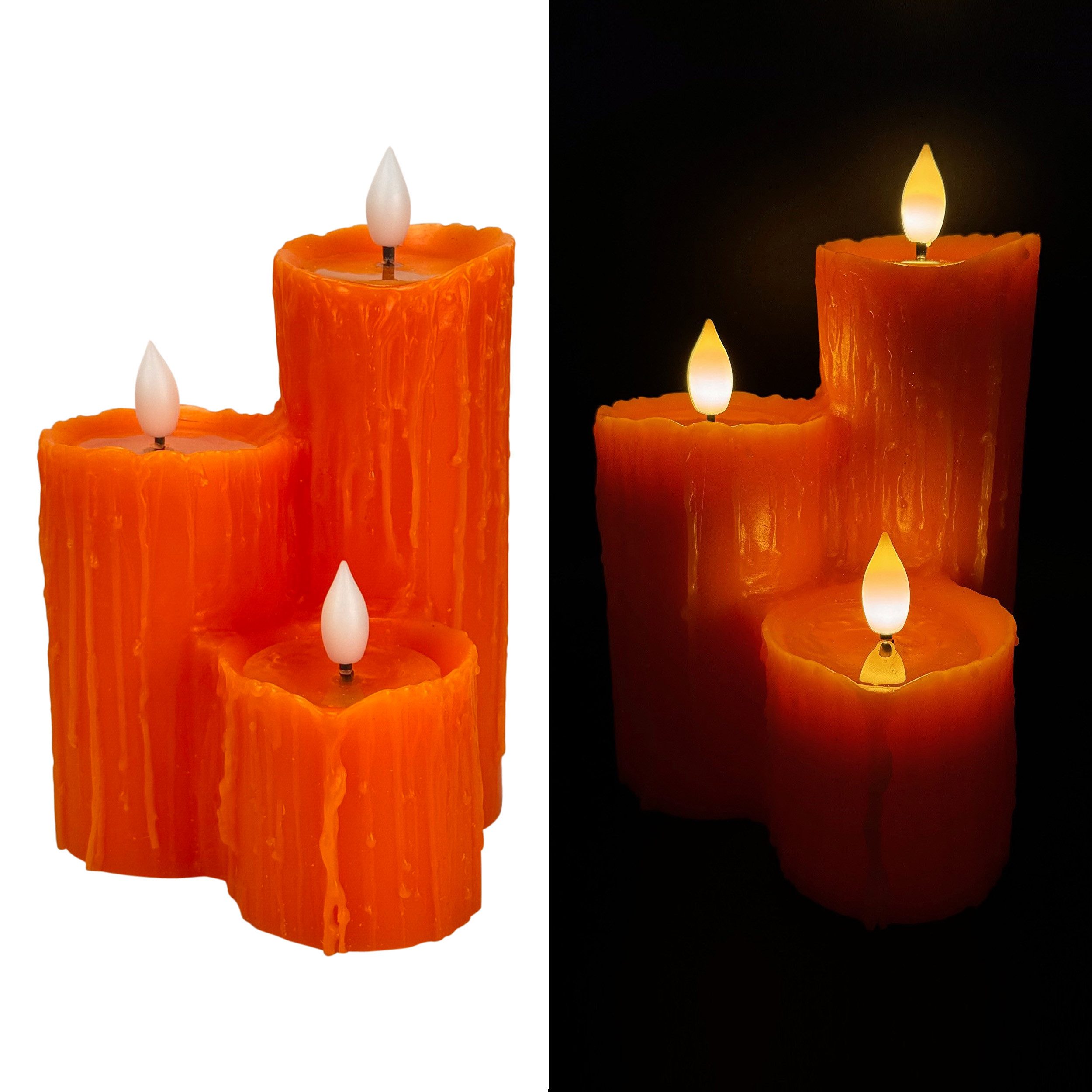 Online-Fuchs LED-Kerze 3 verschmolzene LED-Kerzen mit 6-Stunden Timer & Wachstropfen (Schwarz, Lila & Orange, Kaminkerzen), realistische Kerzenflamme mit Wachsspiegel