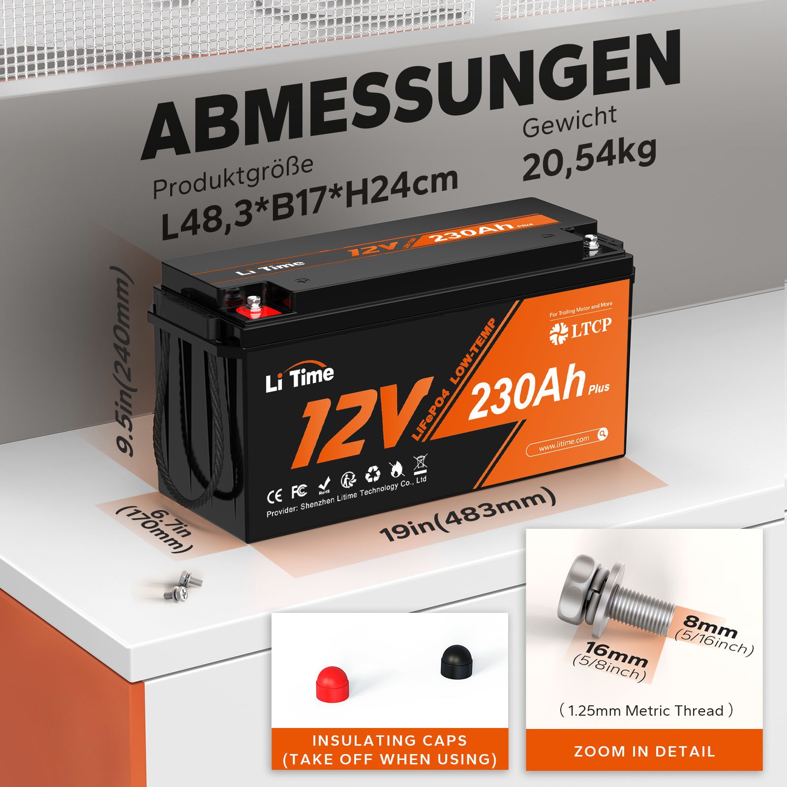 LiTime 12V 230Ah LiFePO4 Batterie Low-Temp-Schutz Wohnmobil Boot Versorgung Solarakkus (12 V), Zyklenfeste und erweiterbare Versorgungsbatterie für Camping, Schiff
