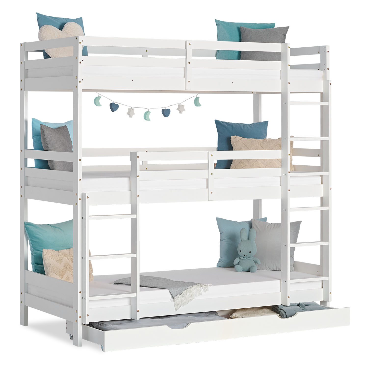 Homestyle4u Etagenbett 90x200 Hochbett für 3 Personen Dreifachbett Weiß Treppe 2 3 Kinder (Set, mit Lattenrost und 1x Bettkasten/Schublade), 2 Meter hoch, mit 2 Leitern, Stauraum, Rausfallschutz