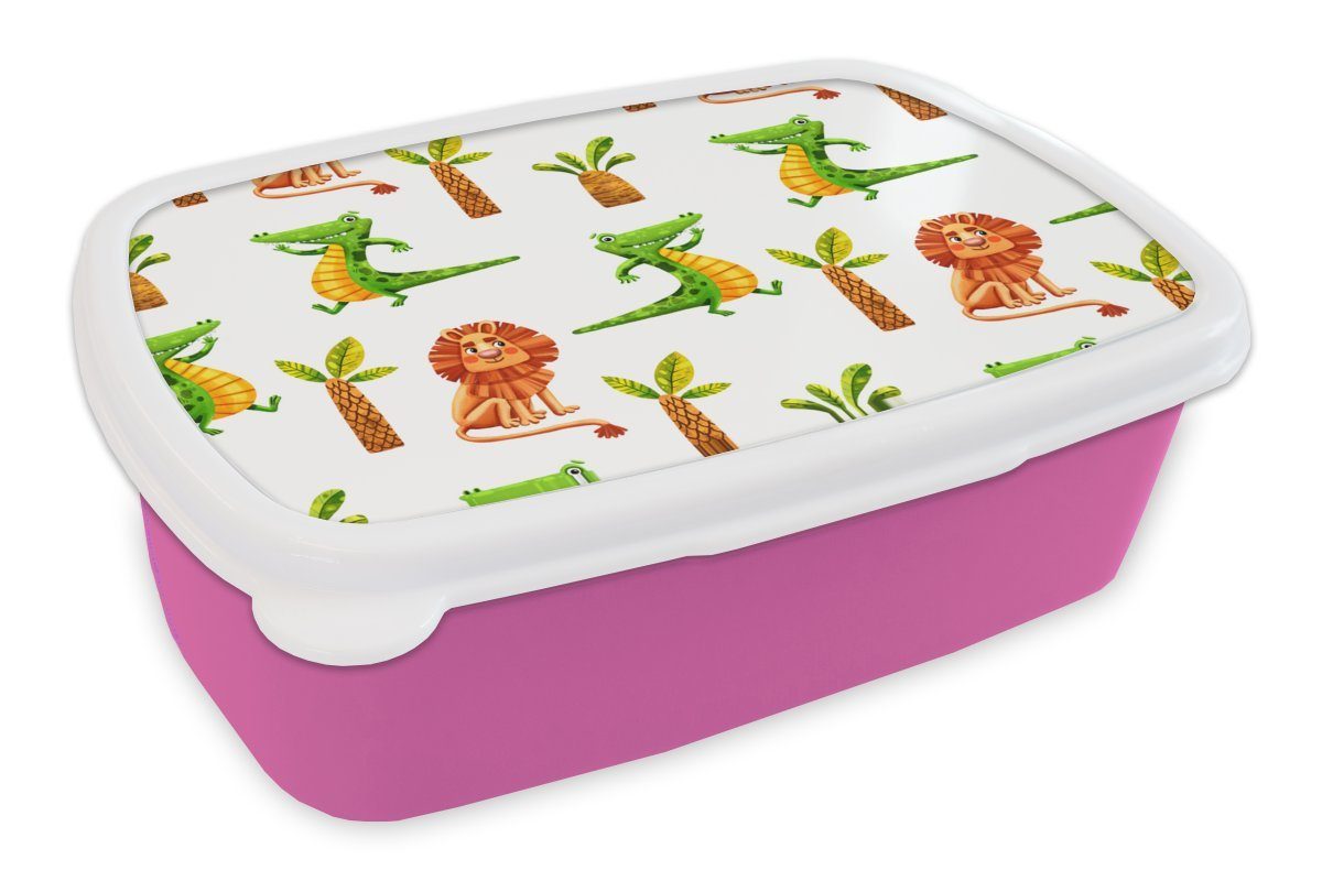 MuchoWow Lunchbox Dschungel - Löwe - Krokodil, Kunststoff, (2-tlg), Brotbox für Erwachsene, Brotdose Kinder, Snackbox, Mädchen, Kunststoff rosa