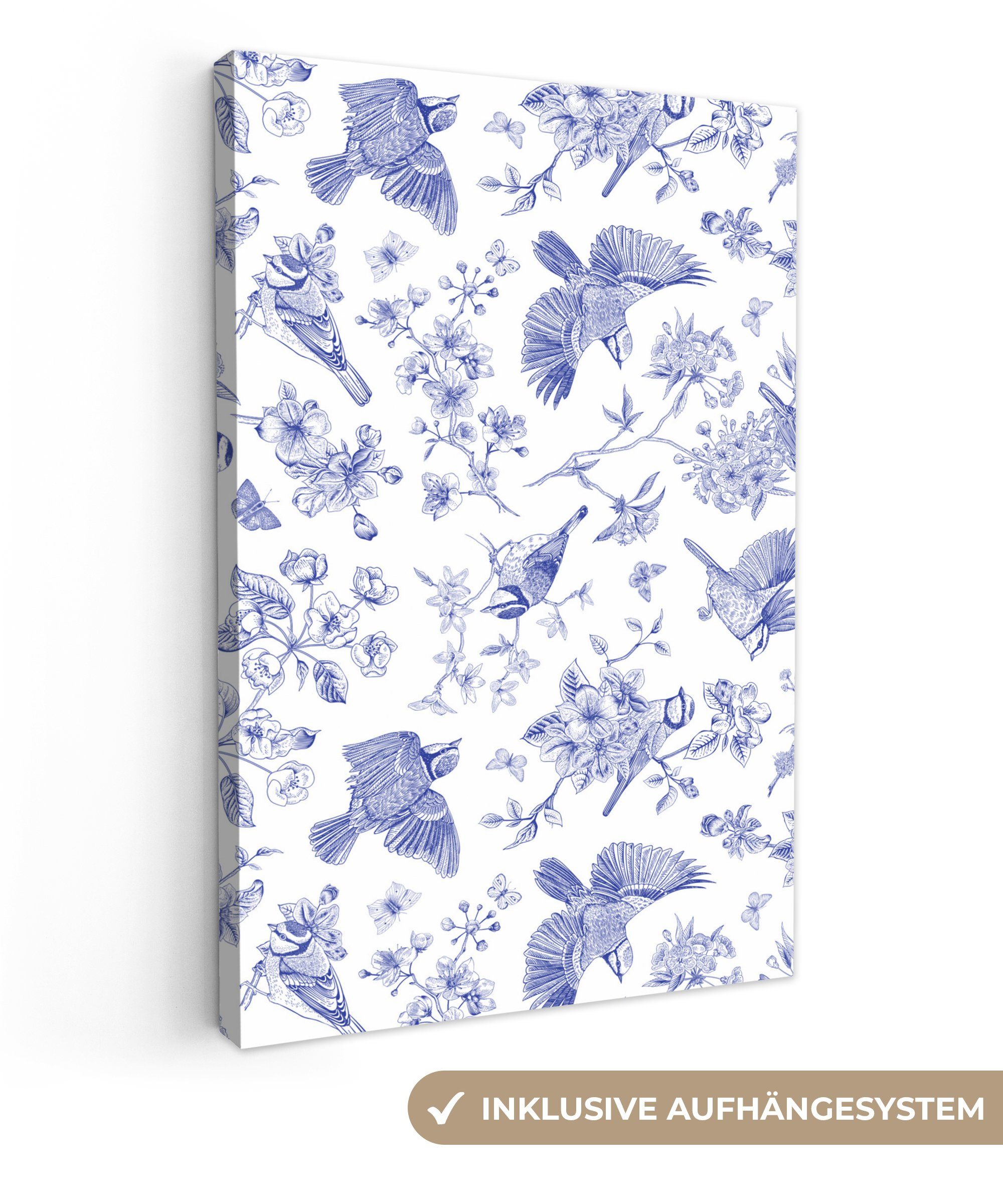 Leinwandbild cm - bespannt 20x30 Zackenaufhänger, St), Blau, (1 - Gemälde, Leinwandbild inkl. fertig Vogel Vintage Blumen OneMillionCanvasses® -