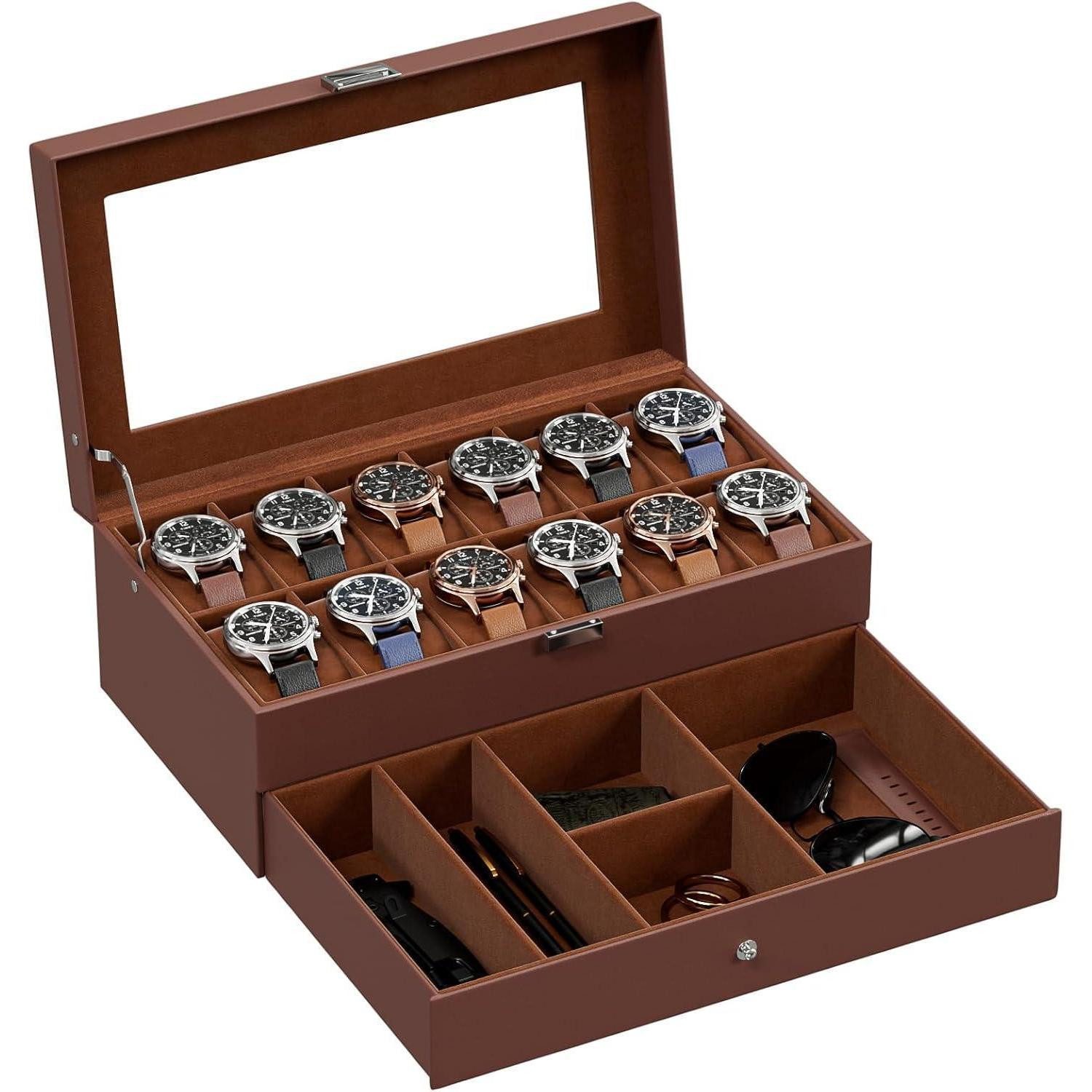 LuxusKollektion Uhrenbox Uhrenbox mit 12 Fächern Glasdeckel 2 Ebenen Espresso